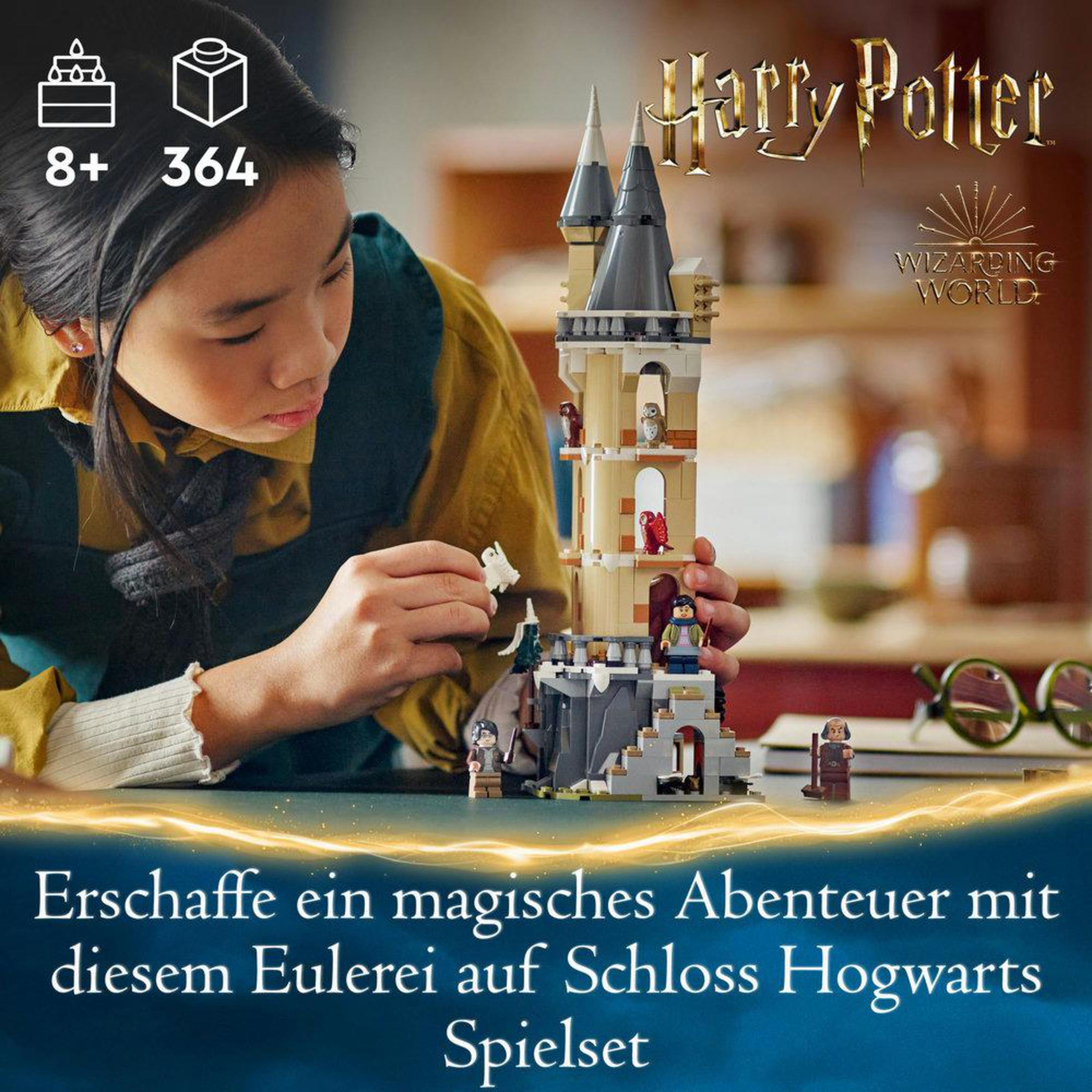 Zestaw Lego Harry Potter z figurkami, wieżą i tekstem.