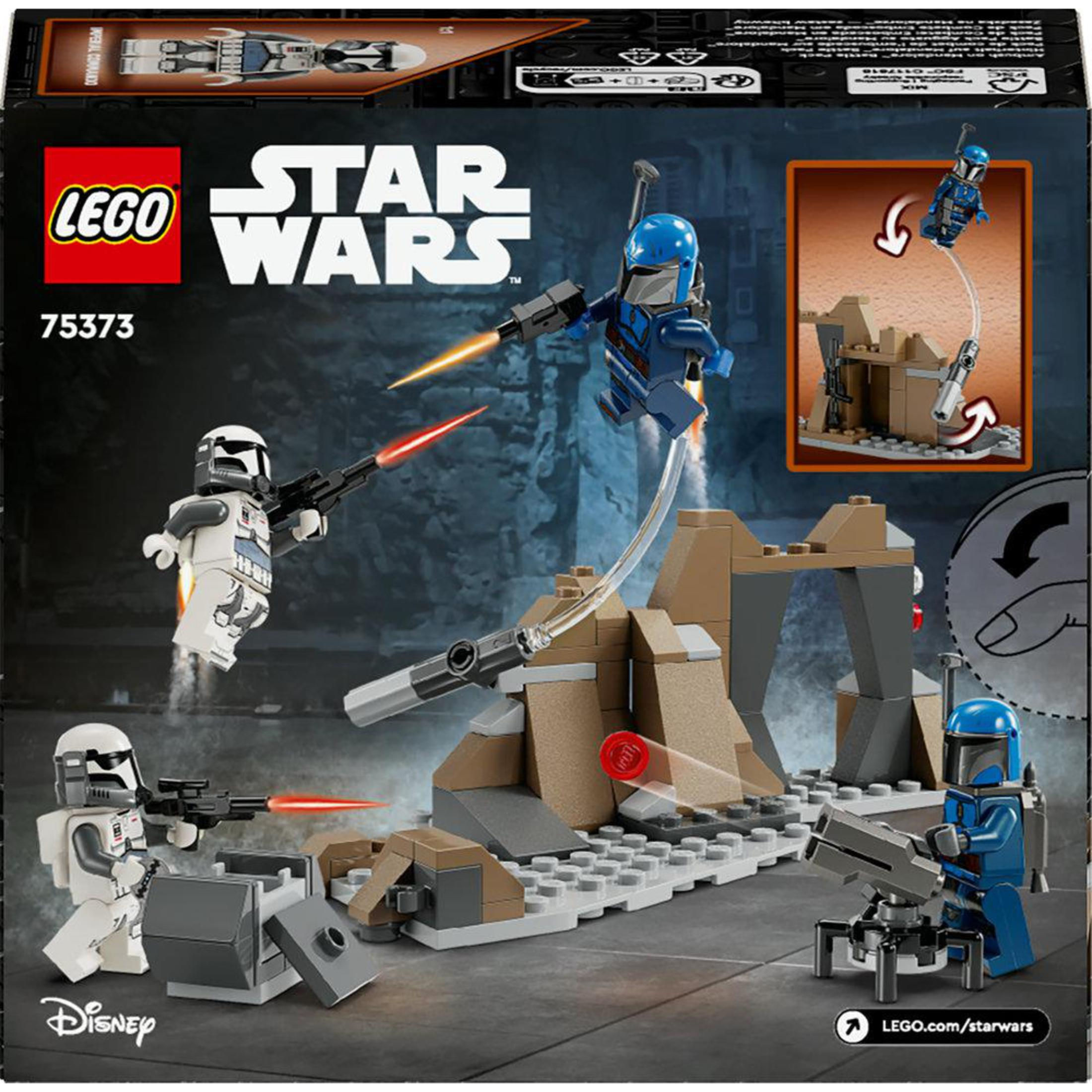Pudełko zestawu Lego Star Wars. Figurki w akcji. Szare i brązowe konstrukcje. Niebieskie tło.