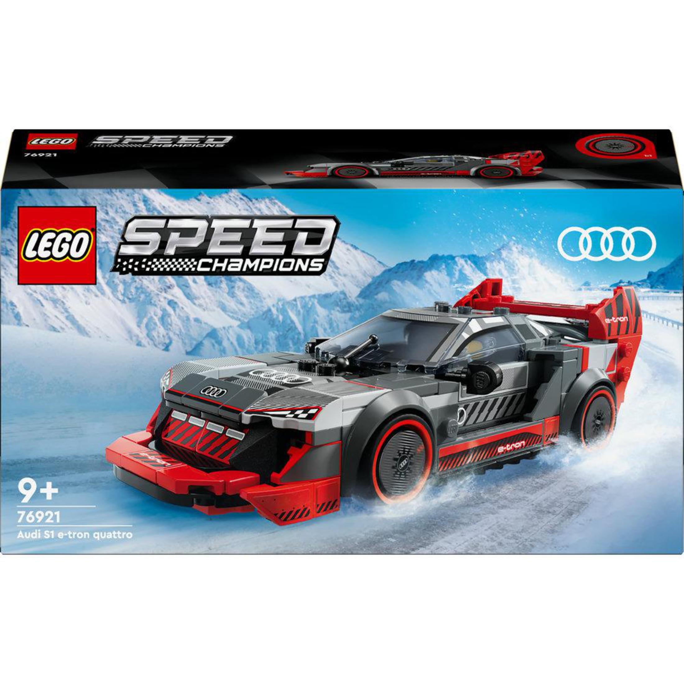 Pudełko modelu samochodu LEGO Speed Champions Audi S1 e-tron quattro. Szary samochód, czerwone akcenty i śnieżne tło.