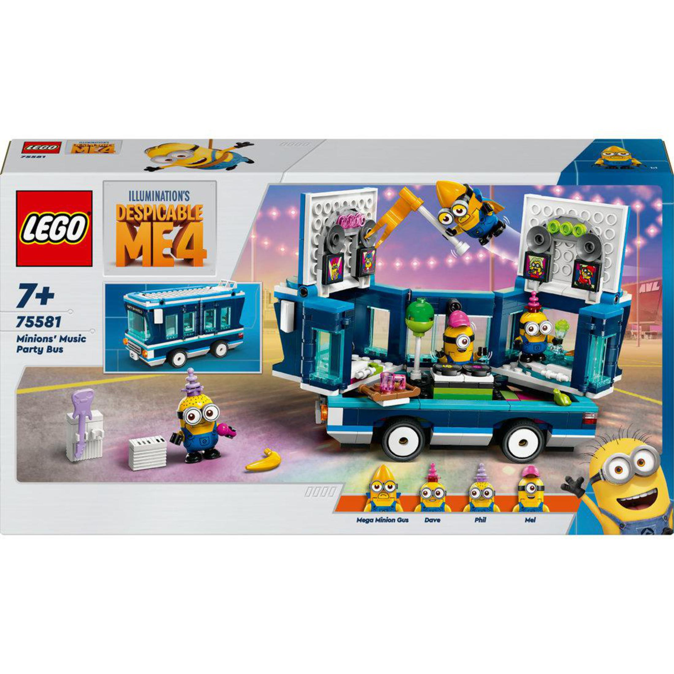 Lego-Set, das einen Minions-Musik-Partybus mit Minions-Figuren darstellt.