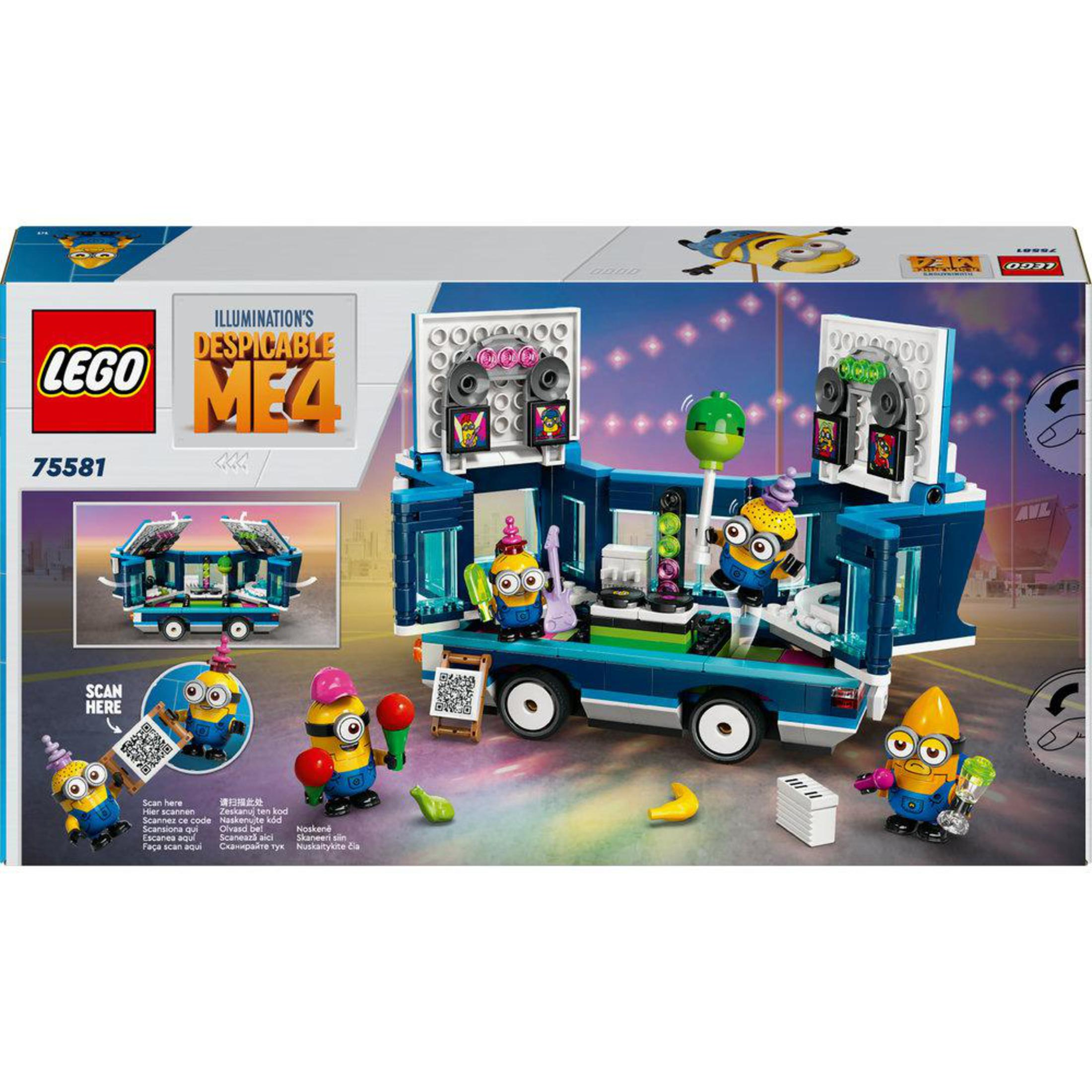 LEGO Despicable Me 4 Set-Box. Minions auf einer Truck-Bühne, mit blauem Hintergrund.