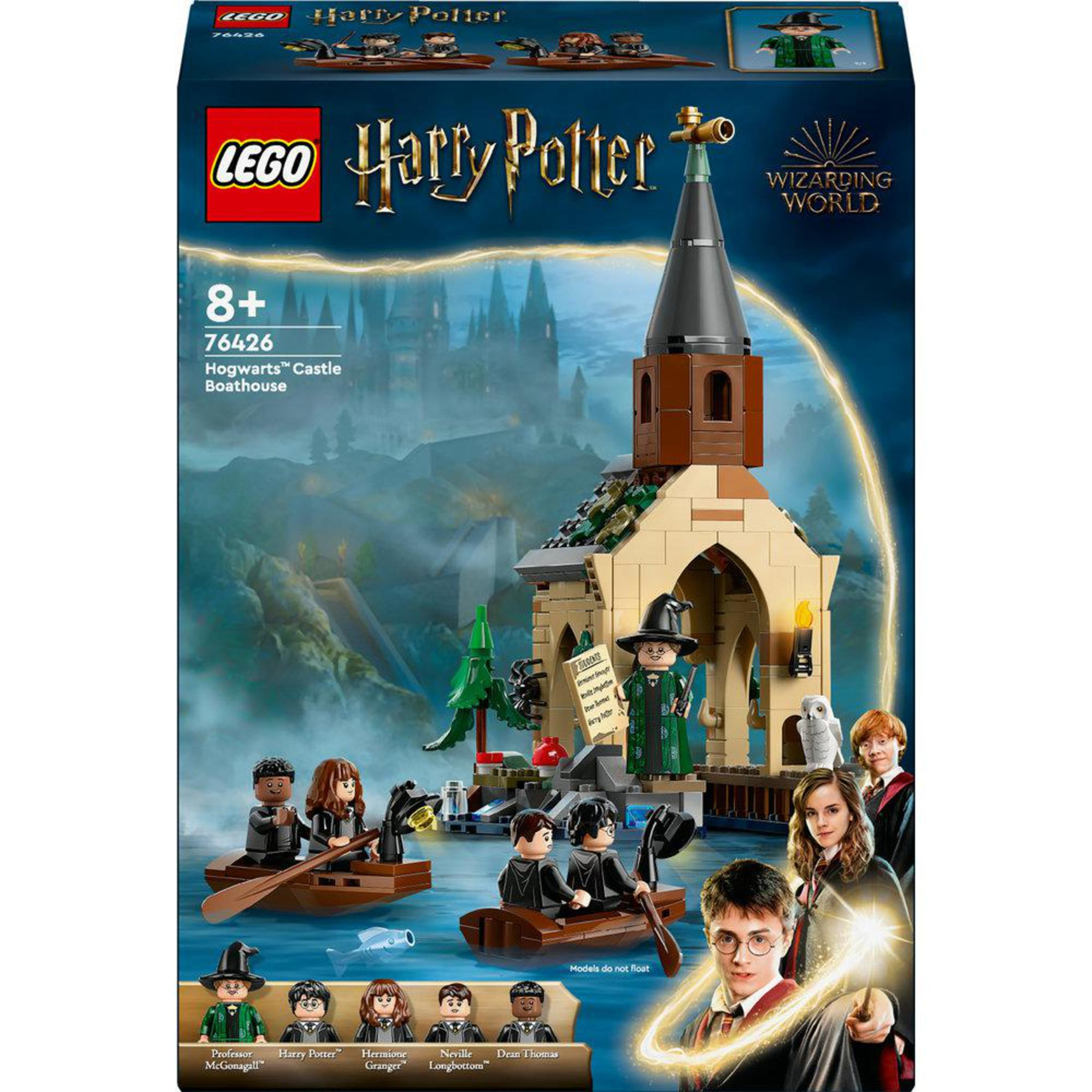 Pudełko zestawu Lego Harry Potter przedstawia scenę z figurkami, łódkami i budynkiem, ze szczegółami.
