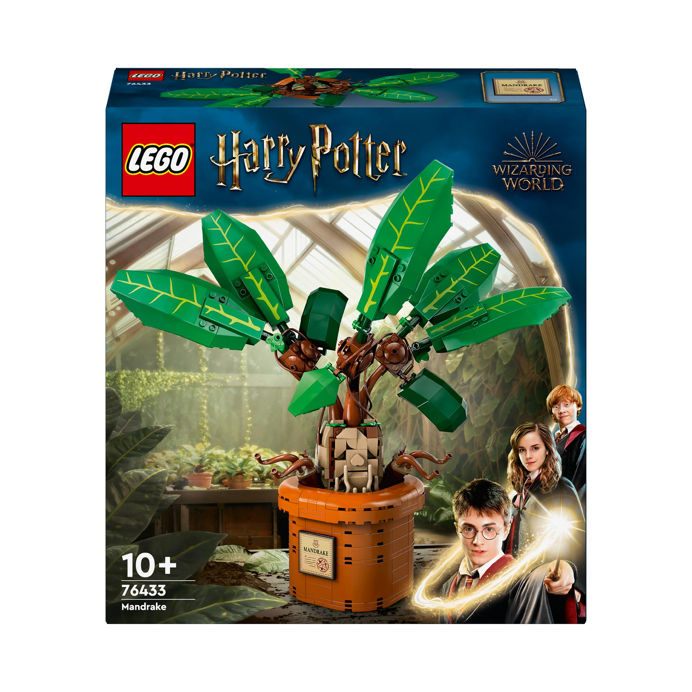 Zestaw LEGO Harry Potter Mandragora. Zielona roślina w doniczce z postaciami Harry'ego Pottera na pudełku.