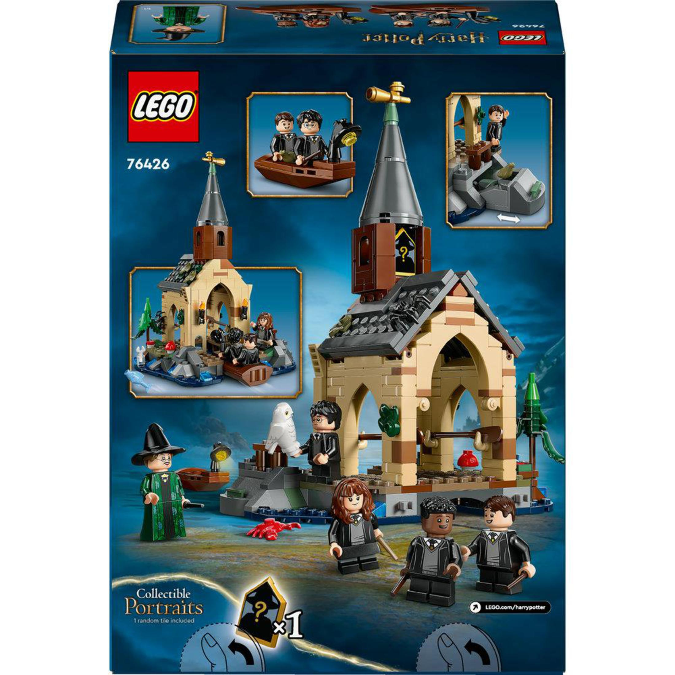 Pudełko zestawu LEGO Harry Potter z figurkami i budynkiem, z budynkiem Hogwartu.