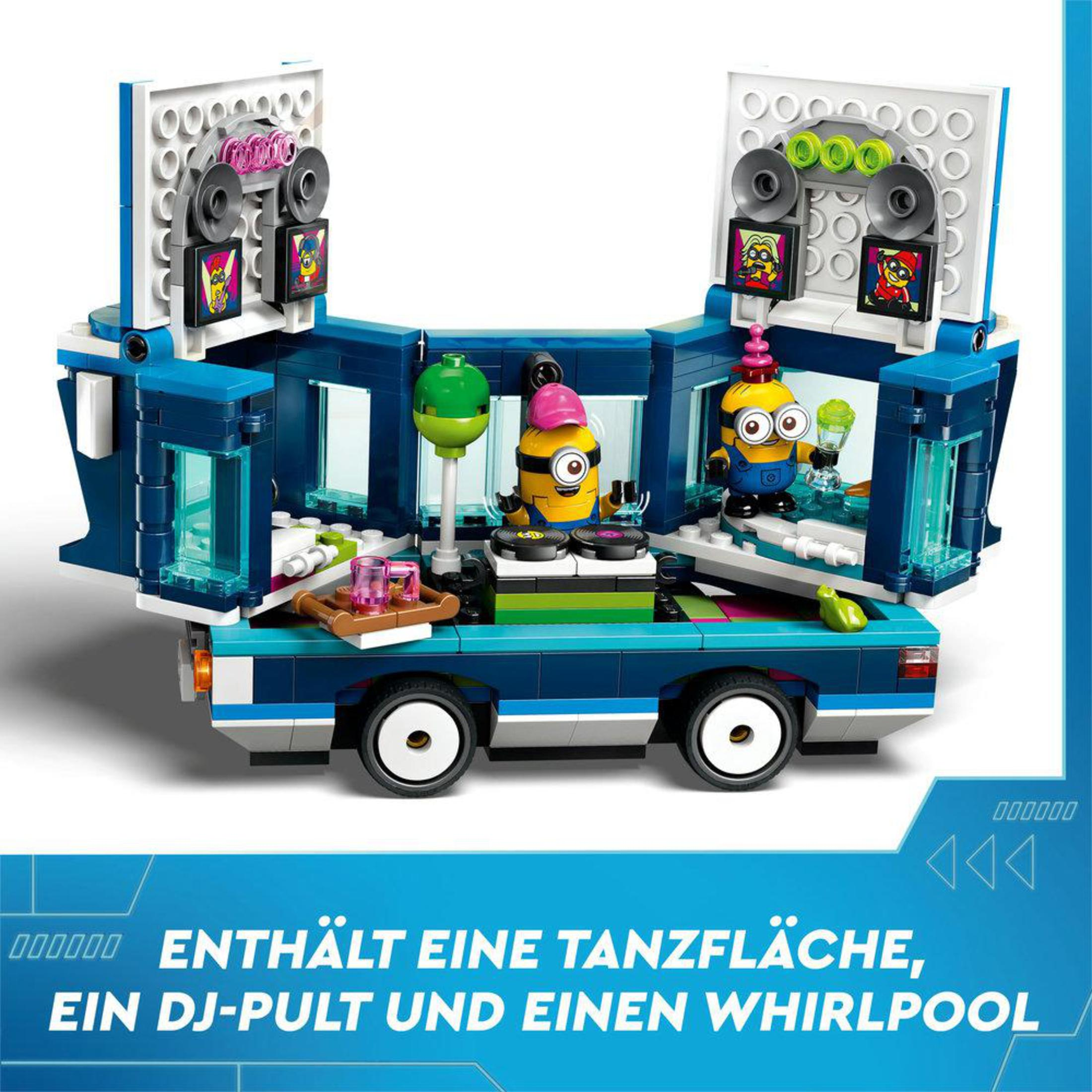Ein Lego-Set einer Minions DJ-Party-Szene mit Tanzfläche und DJ-Pult.
