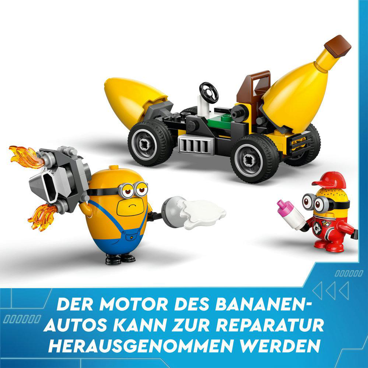 Zestaw Lego Minionki z bananowym samochodem i postaciami. Tekst mówi: 'Silnik bananowego samochodu można wyjąć do naprawy'.