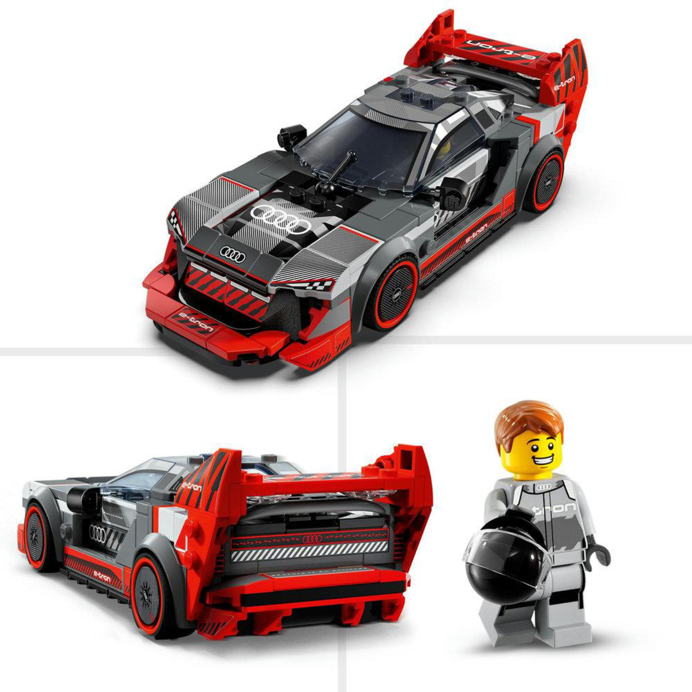 Model samochodu wyścigowego LEGO Audi z czerwonymi i szarymi detalami oraz minifigurką z kaskiem.