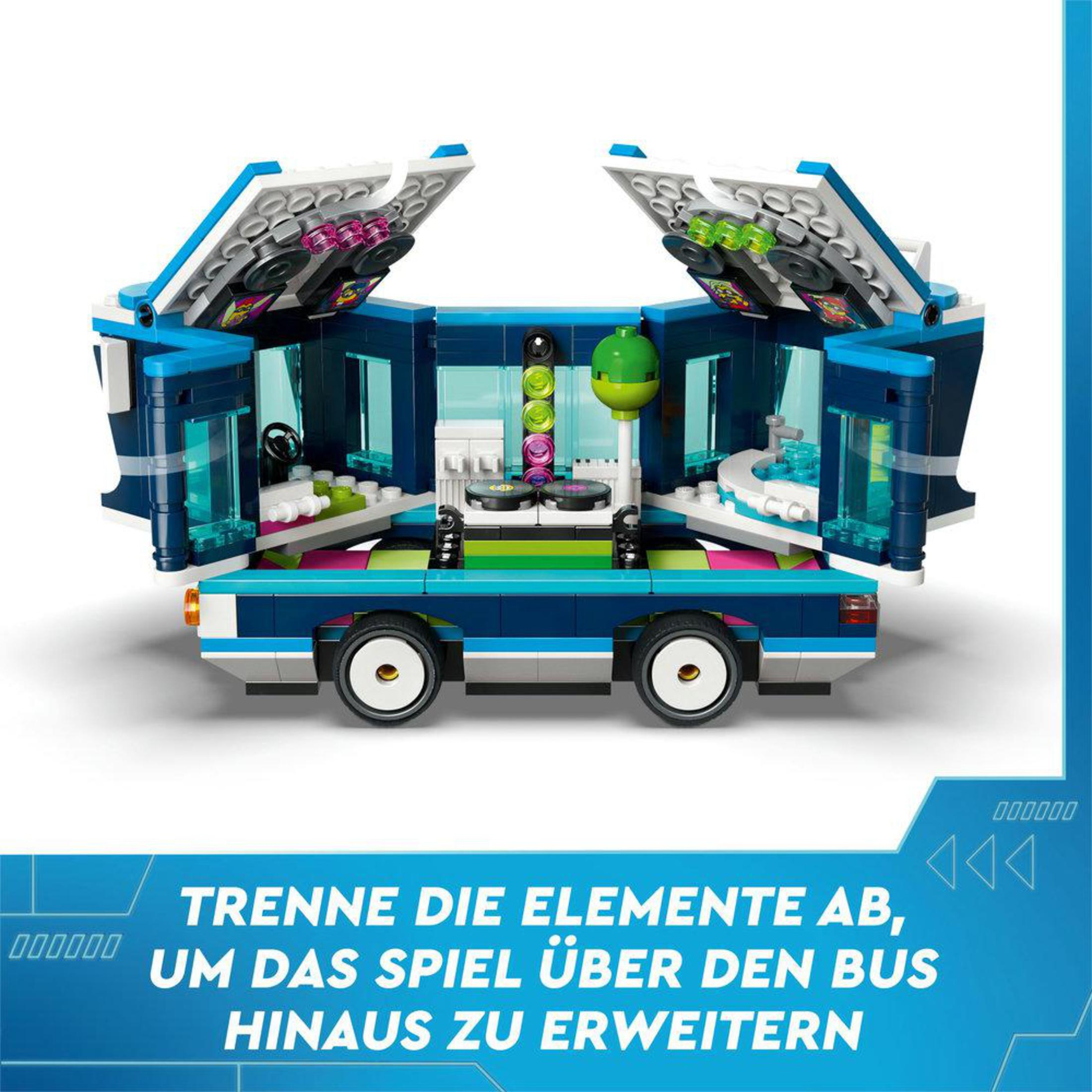 Blau-weißes Lego-Fahrzeug mit aufklappbaren Paneelen, DJ-Setup und grünem Licht.