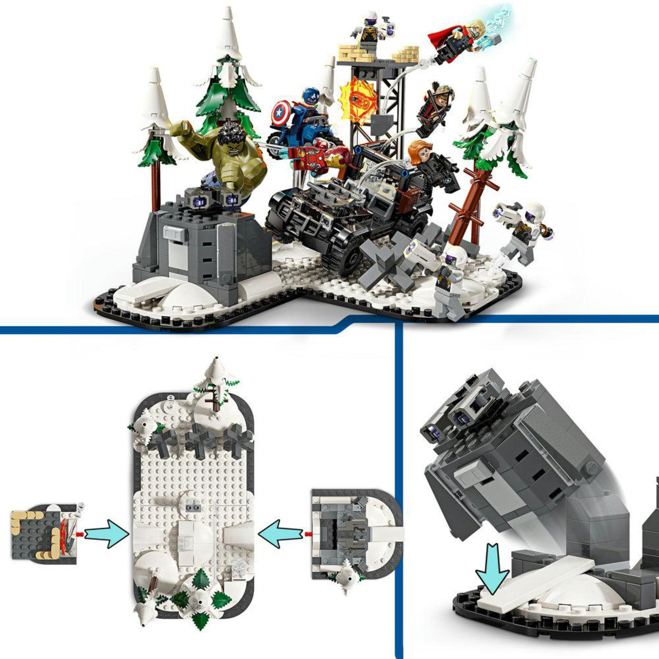 Lego-Set mit Superhelden, die in einer verschneiten Landschaft kämpfen. Enthält Hulk, Captain America und andere mit einem zerstörten Fahrzeug.