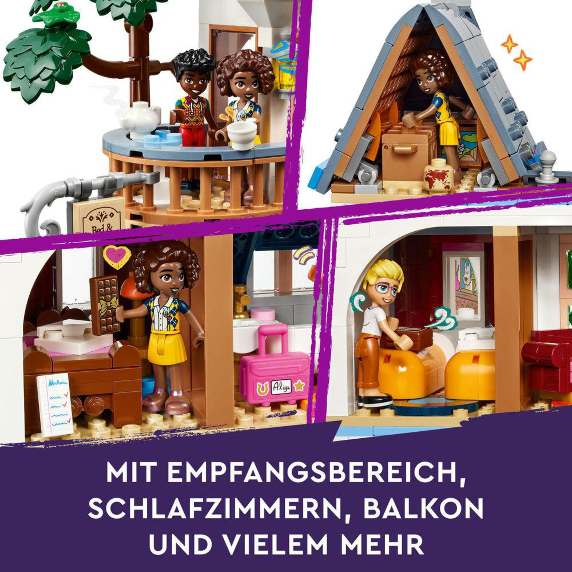 Lego set met meerdere interieurscènes met personages in een kleurrijk gebouw met diverse details.