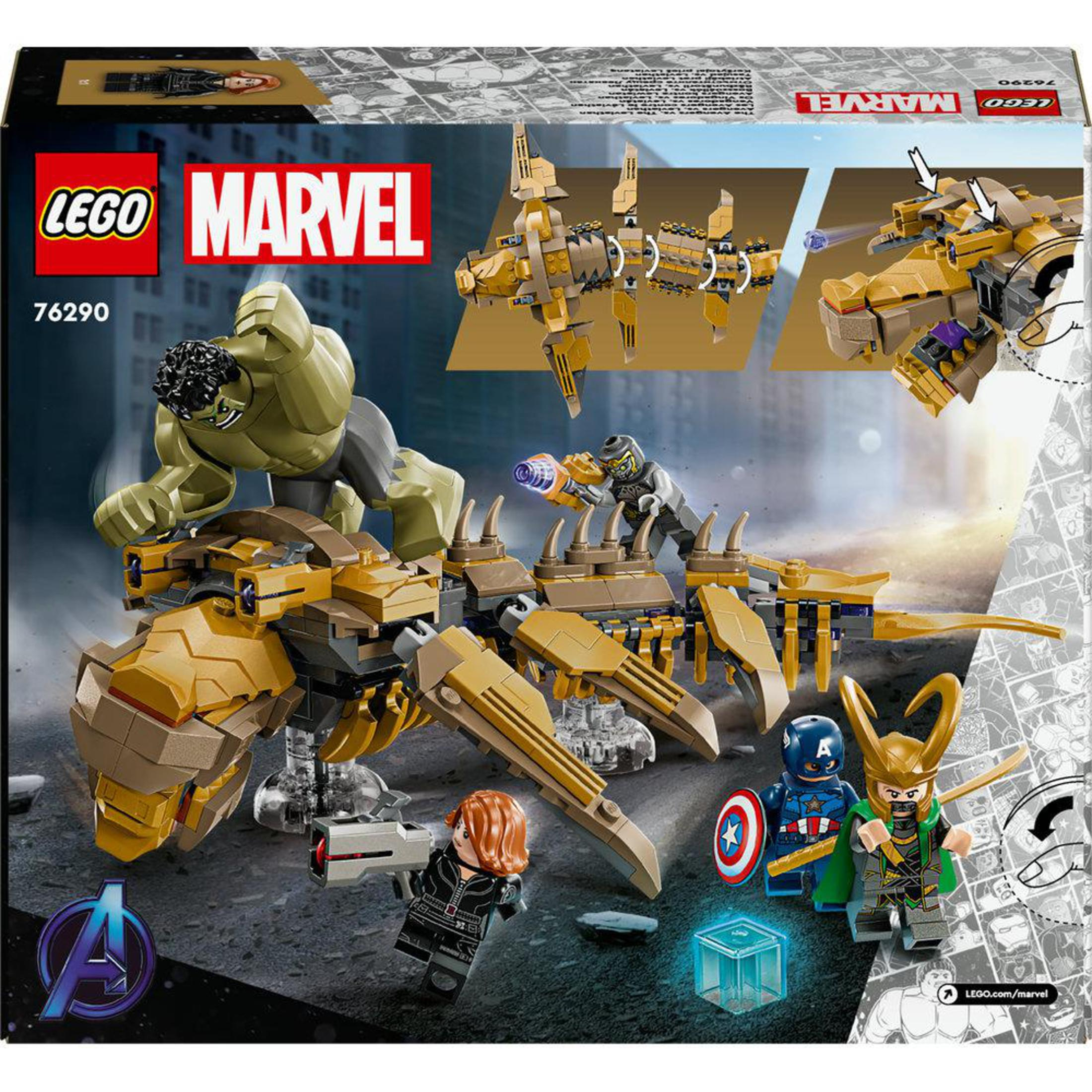 Scatola del set Lego Marvel con Hulk, Vedova Nera, Capitan America e Loki. Il set raffigura una scena di battaglia.