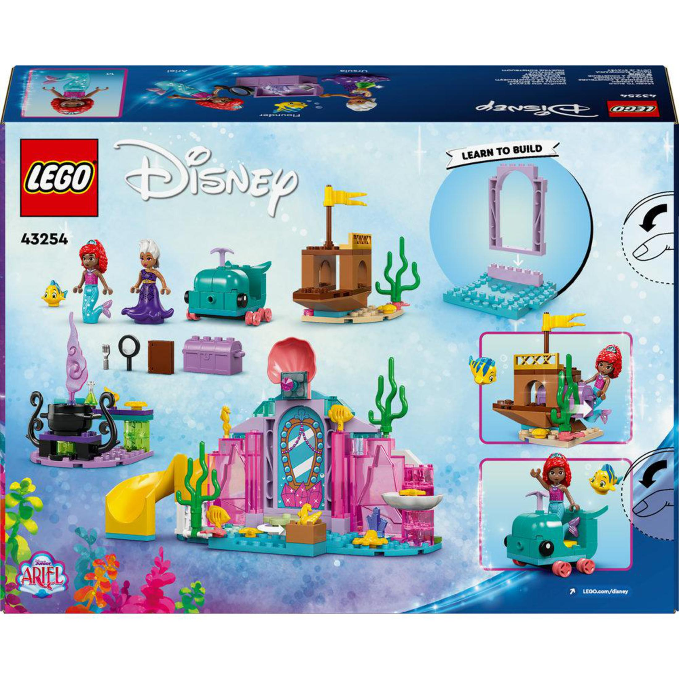 Pudełko zestawu LEGO Disney Ariel's Storybook Adventures. Różowy i fioletowy zamek, figurki i inne elementy LEGO.
