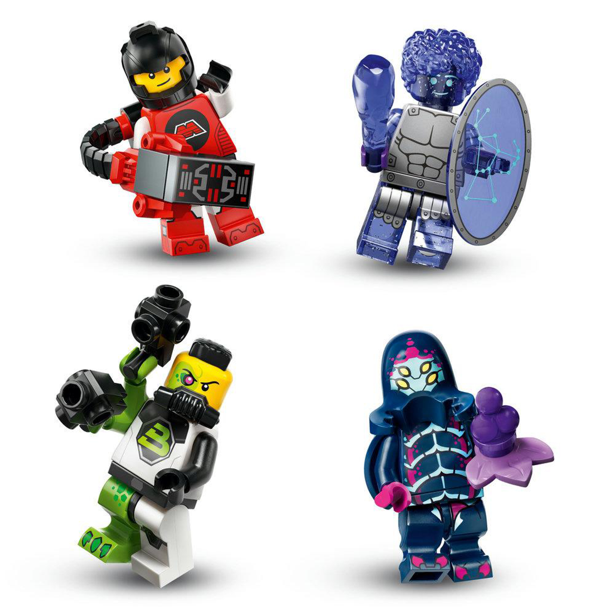 Quattro personaggi Lego: robot rosso, alieno blu con scudo, tizio verde con occhiali e personaggio viola.