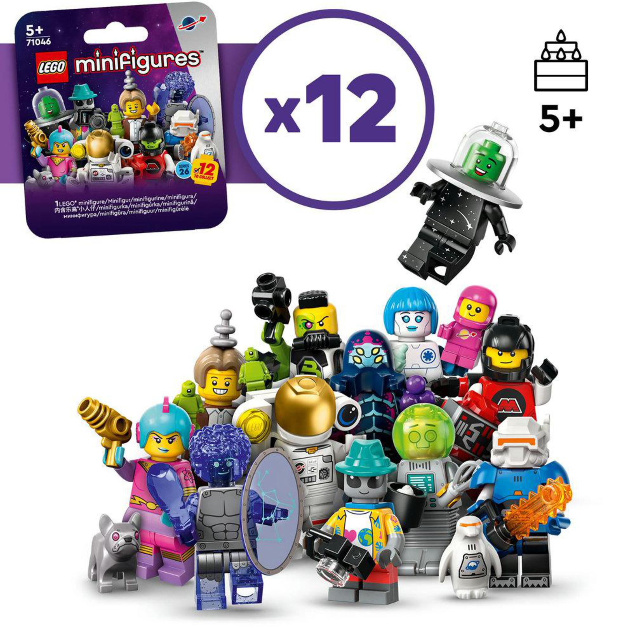 Esposizione LEGO Minifigures di 12 personaggi, con un personaggio a tema spaziale e altri.