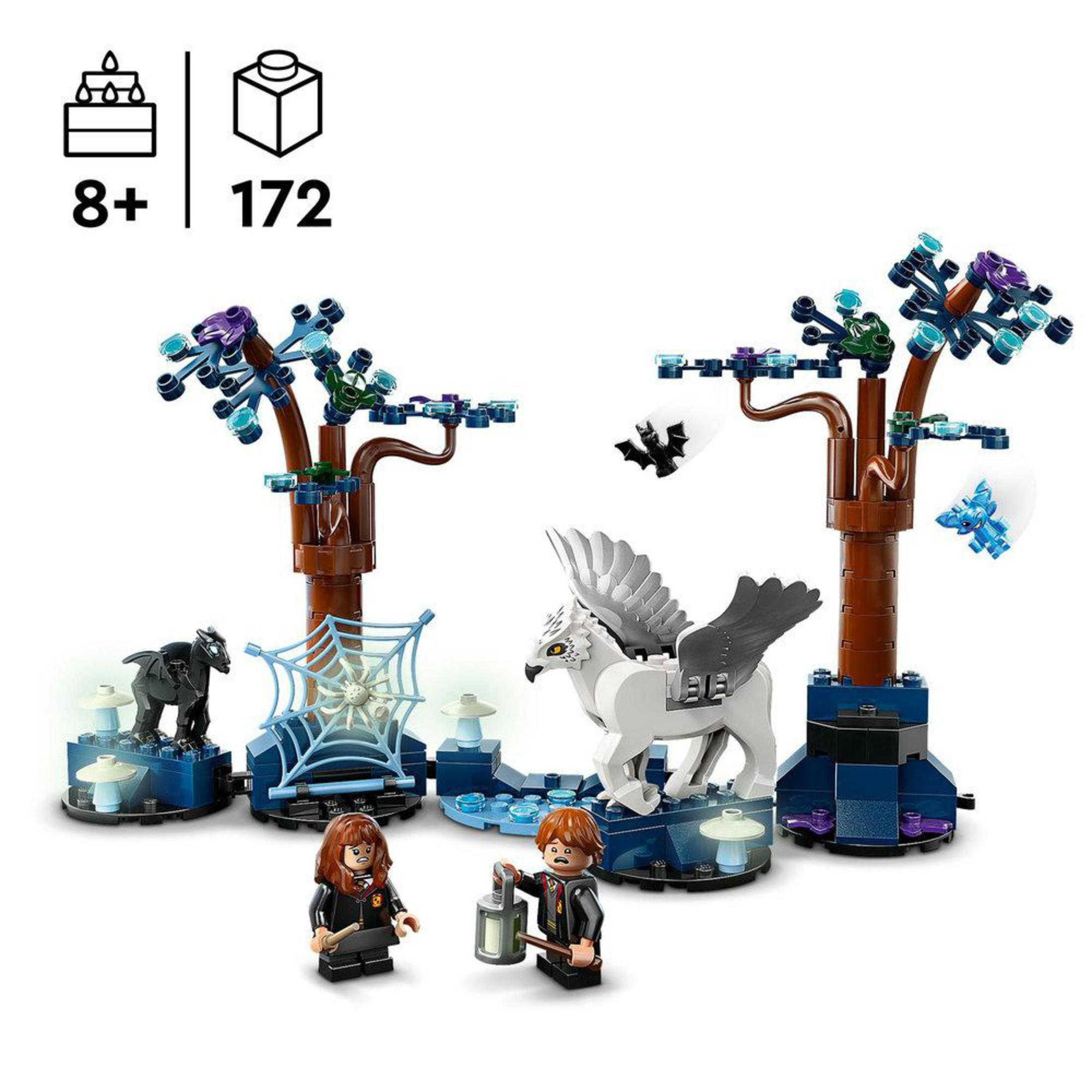LEGO-Set mit zwei Bäumen und Figuren von Harry Potter-Charakteren, einem Spinnennetz und einem Greif.