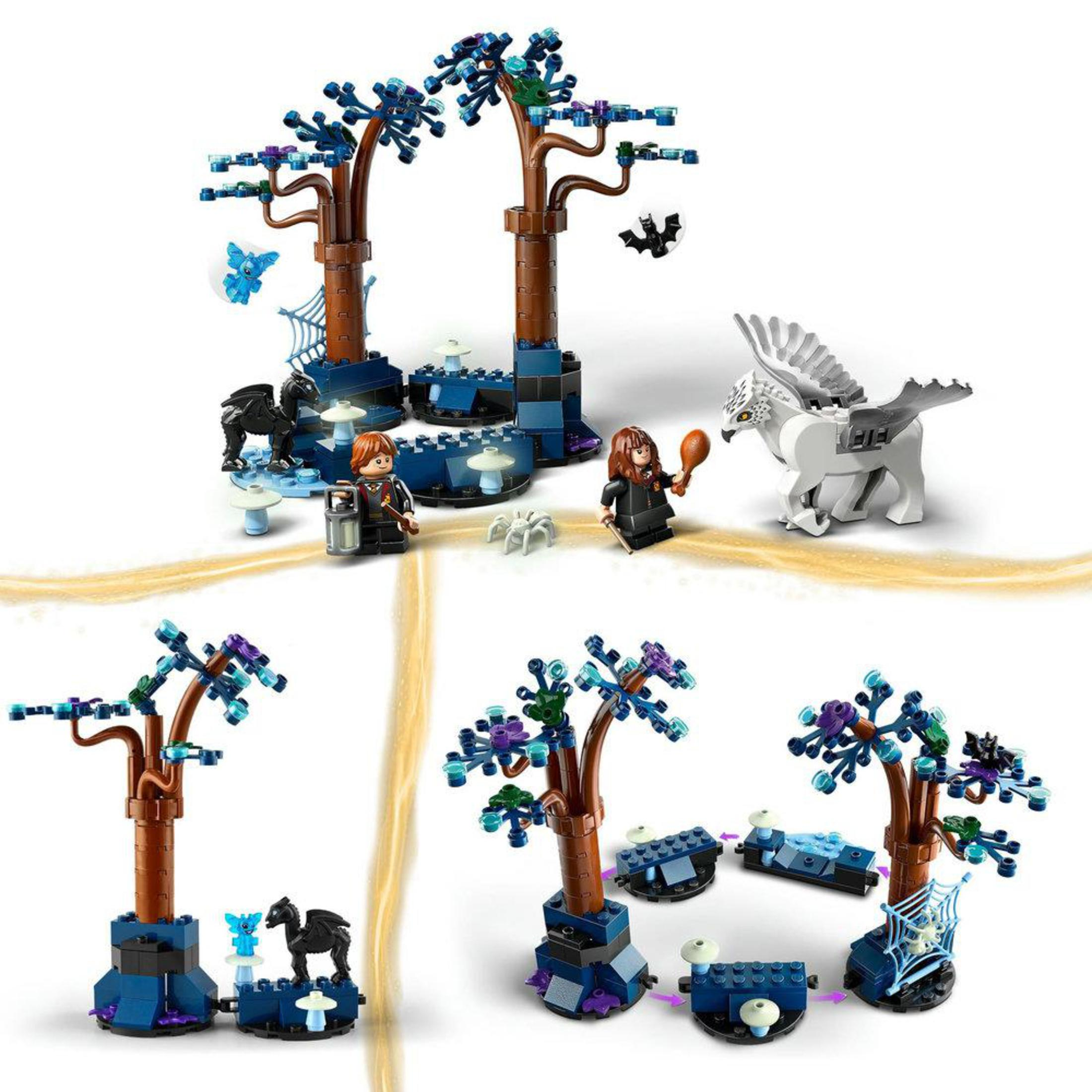 LEGO-Set mit Minifiguren, Bäumen und Kreaturen auf weißem Hintergrund.