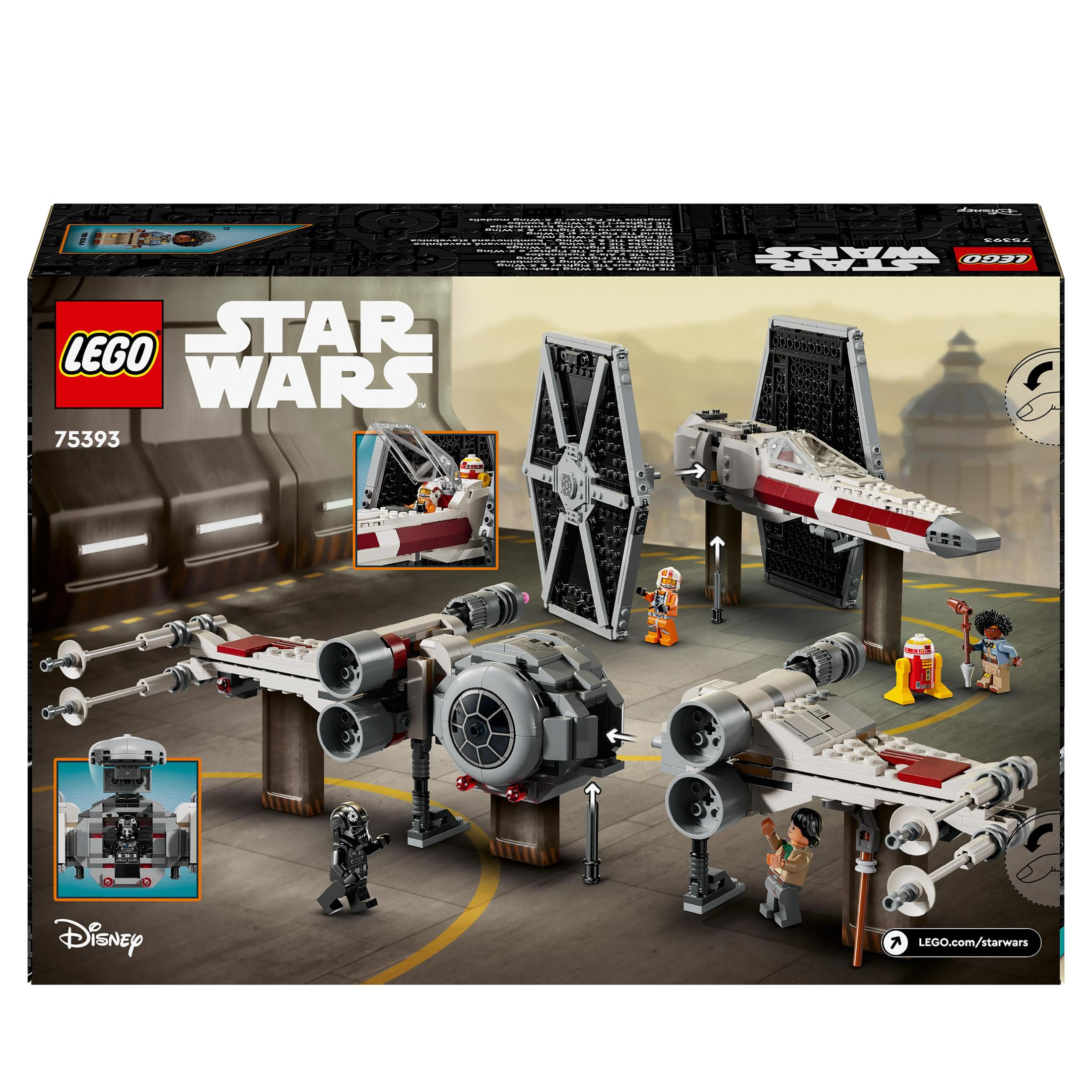Lego Star Wars Set mit zwei X-Wings und einem TIE Fighter. Figuren von Charakteren wie R2-D2 sind sichtbar.
