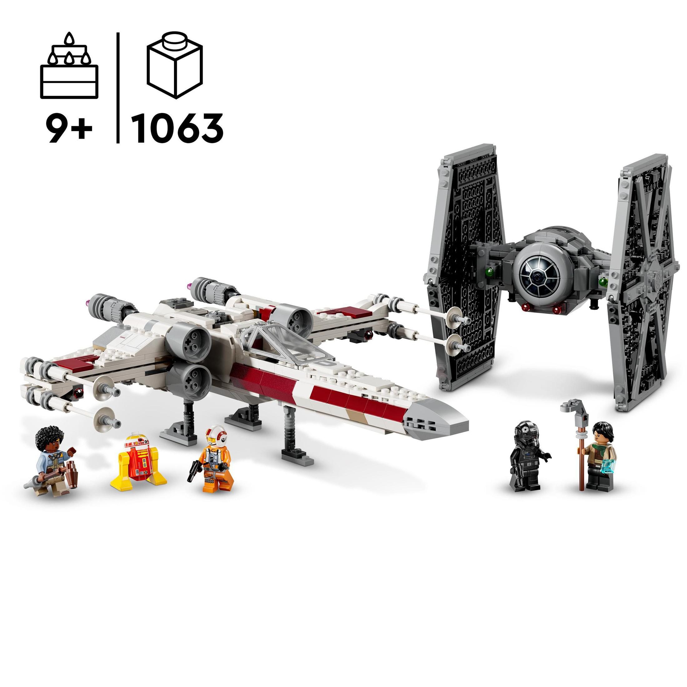 Lego Star Wars Set mit X-Wing, TIE-Jäger und Minifiguren.