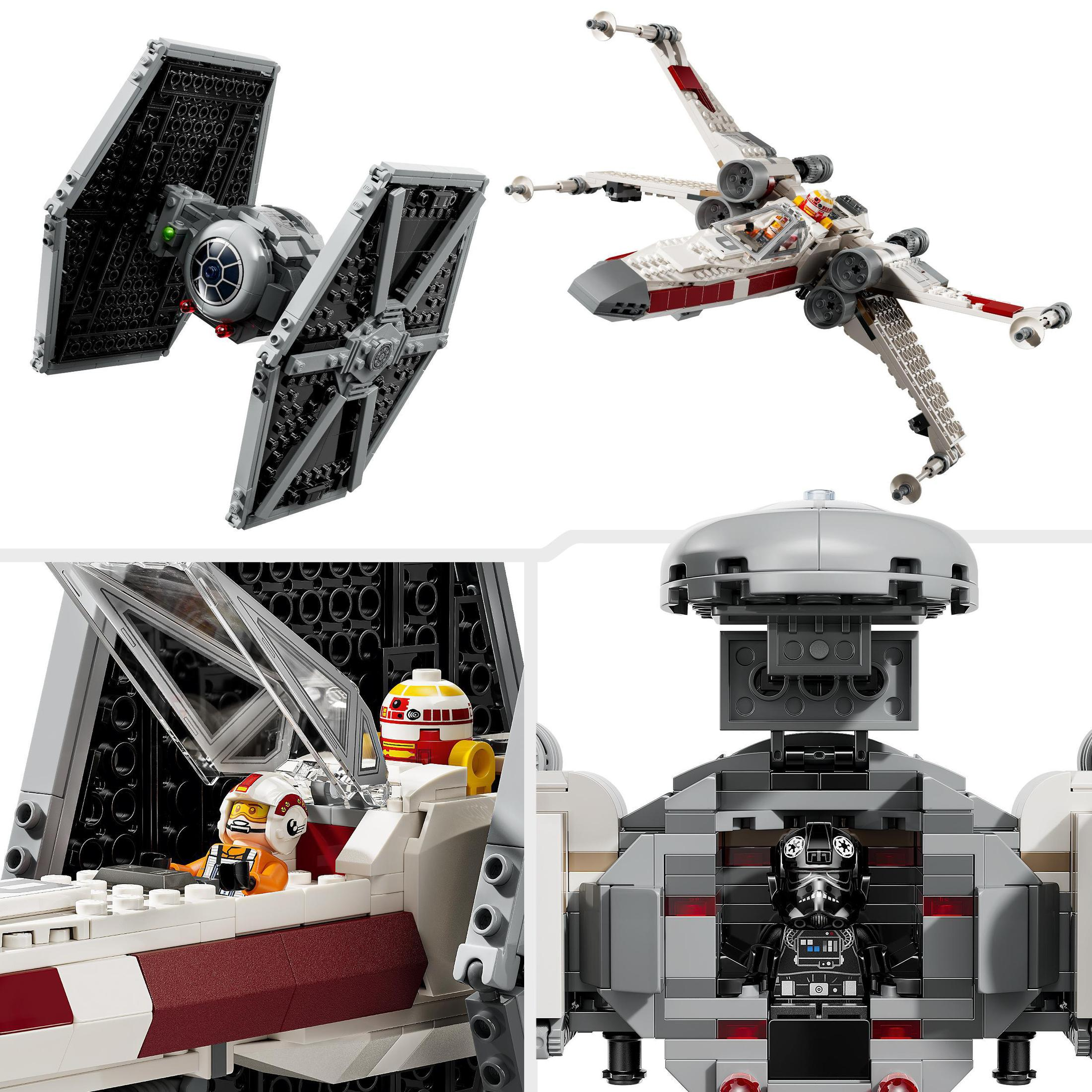 Vier LEGO Star Wars Sets: TIE Fighter, X-Wing und zwei detaillierte Nahaufnahmen der Schiffe.