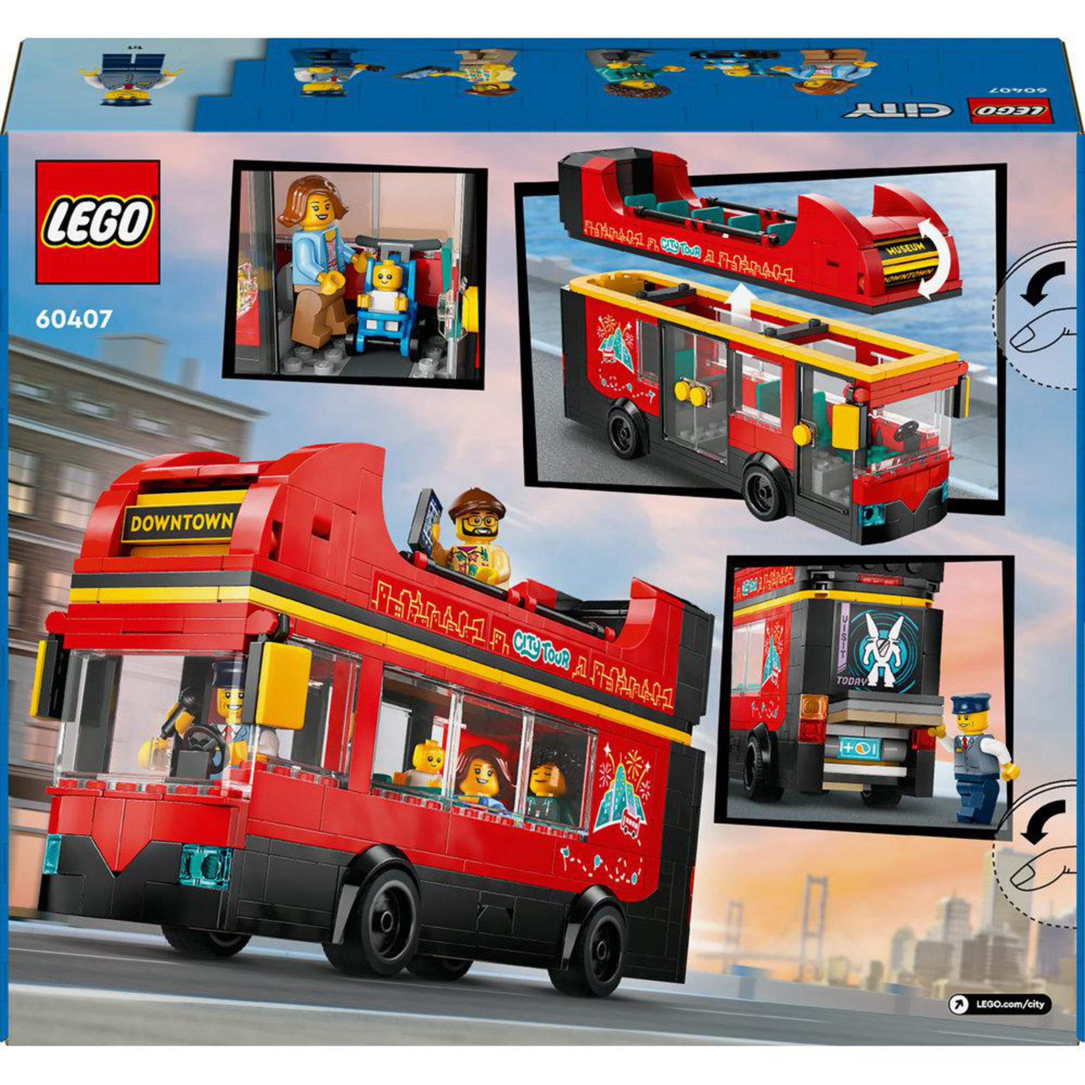 LEGO City çift katlı otobüs oyuncağı, minifigürler ve detaylar.