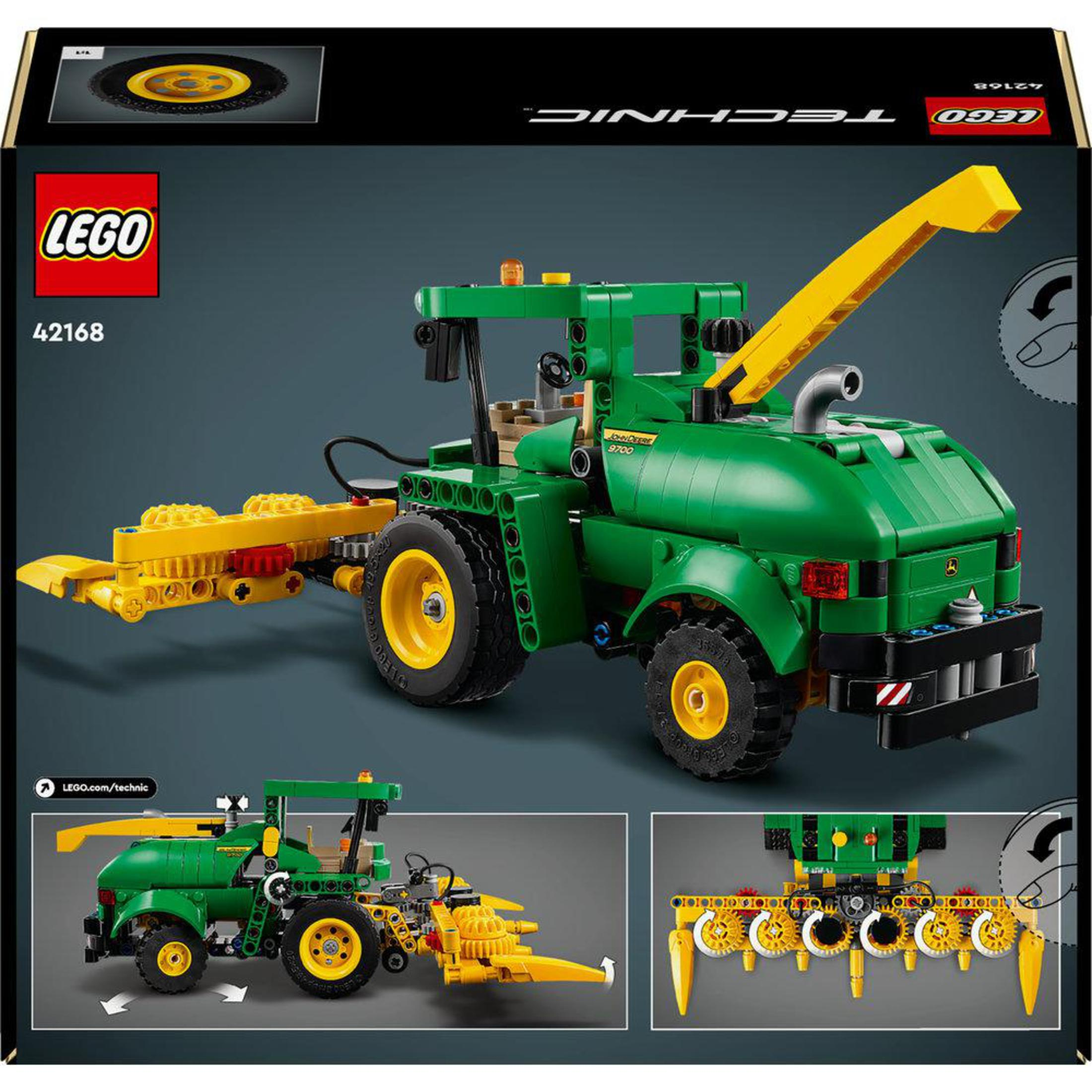 Eine Lego Technic Erntemaschine, grün mit gelben Details und einem gelben Erntevorsatz.
