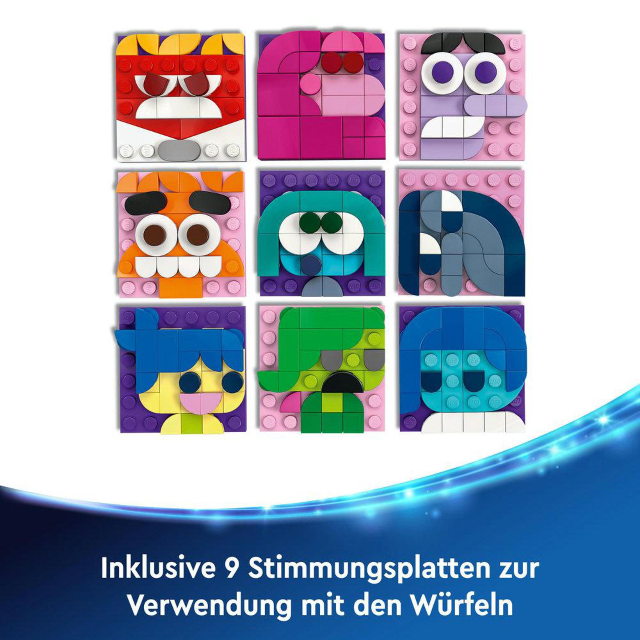 Dziewięć twarzy Lego, każda z inną emocją, ułożone w siatkę, na niebieskim tle.