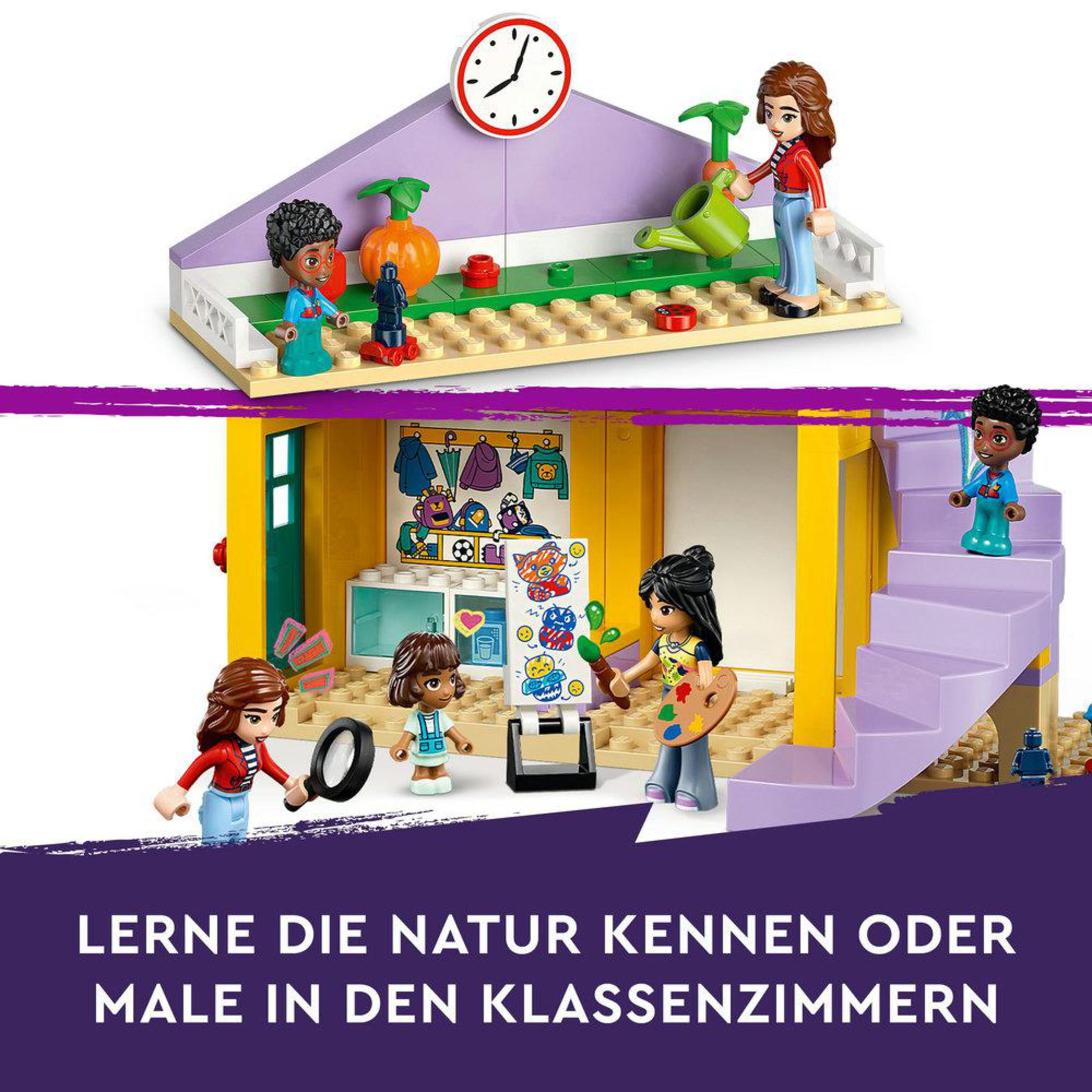 Lego sınıf sahnesi, resim yapan ve öğrenen figürlerle.