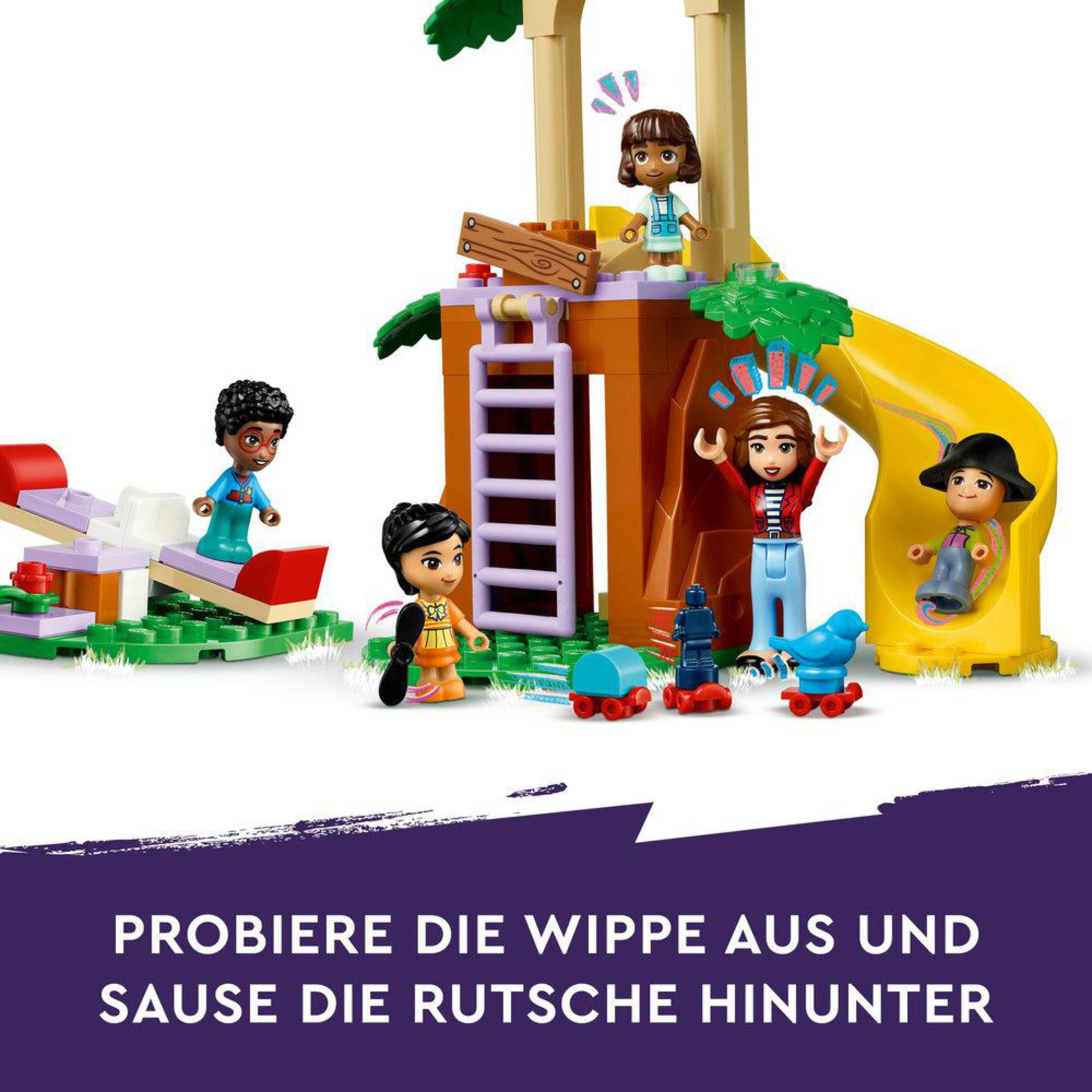 Lego Friends seti, bir kaydırak ve tahterevalli üzerinde oynayan figürlerle. Kahverengi ağaç benzeri yapı görünür.