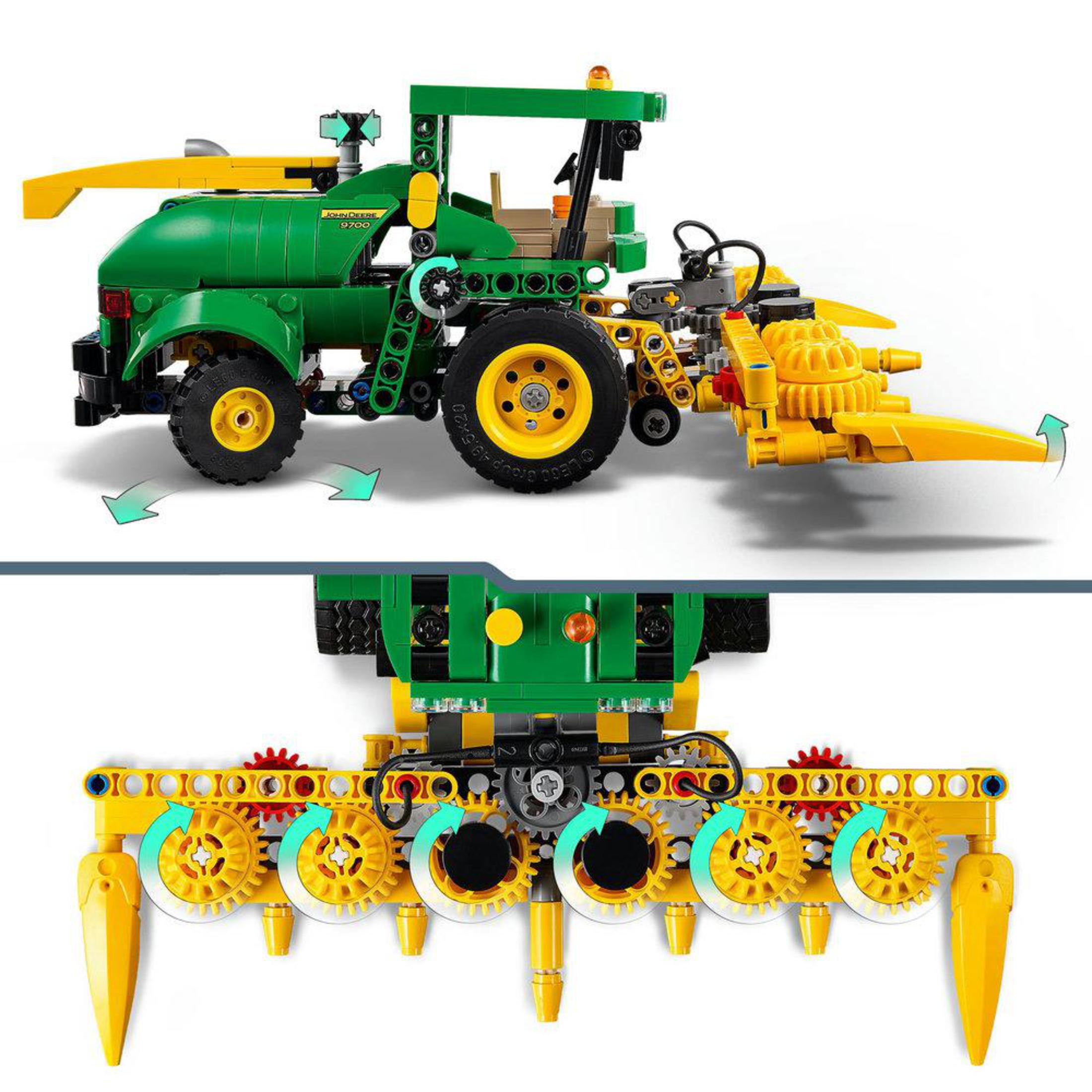 Grünes Spielzeugtraktor mit gelben Anbauteilen, Rädern und detaillierter Mechanik.