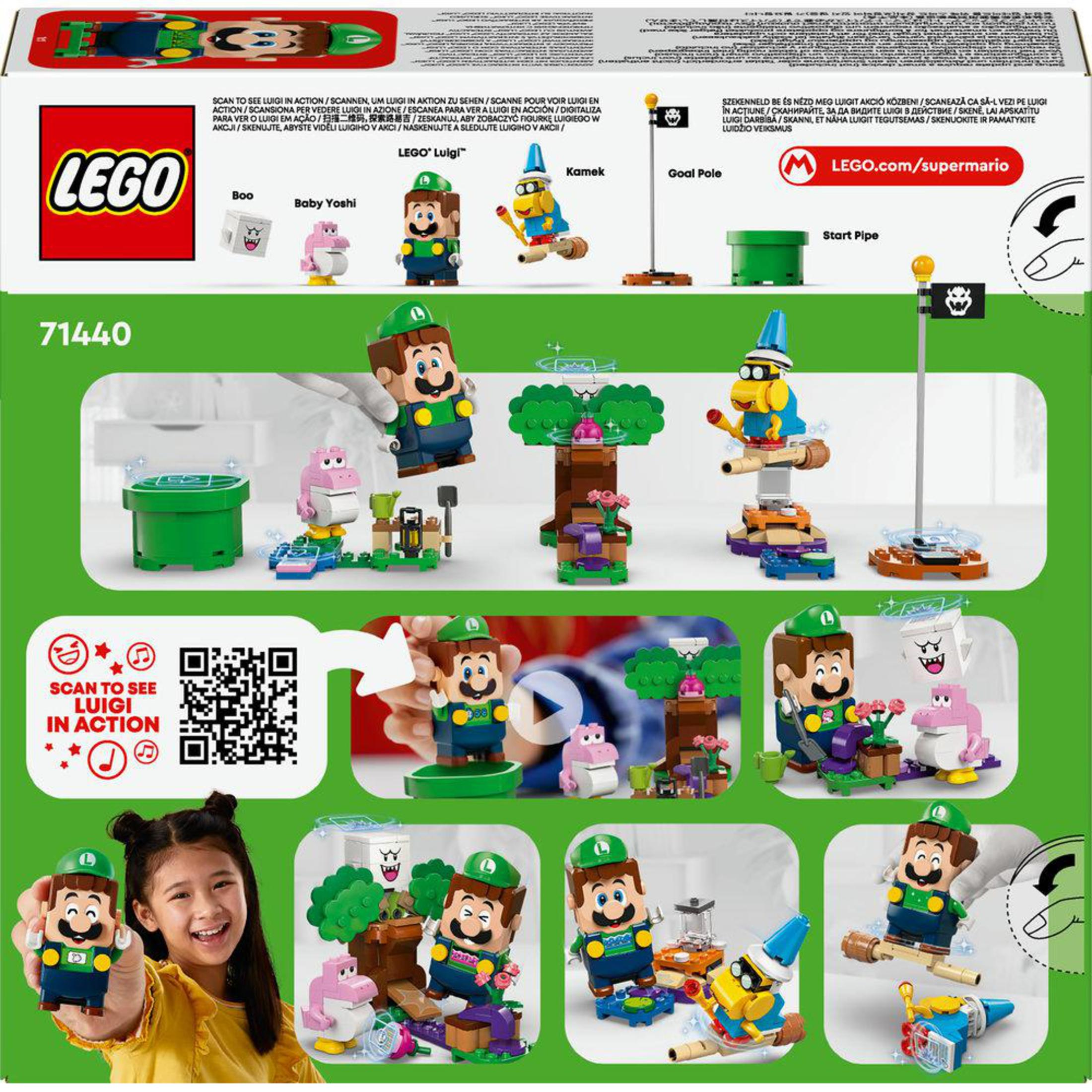 Zestaw Lego Super Mario z różnymi postaciami, Luigim i kodem QR do zeskanowania.