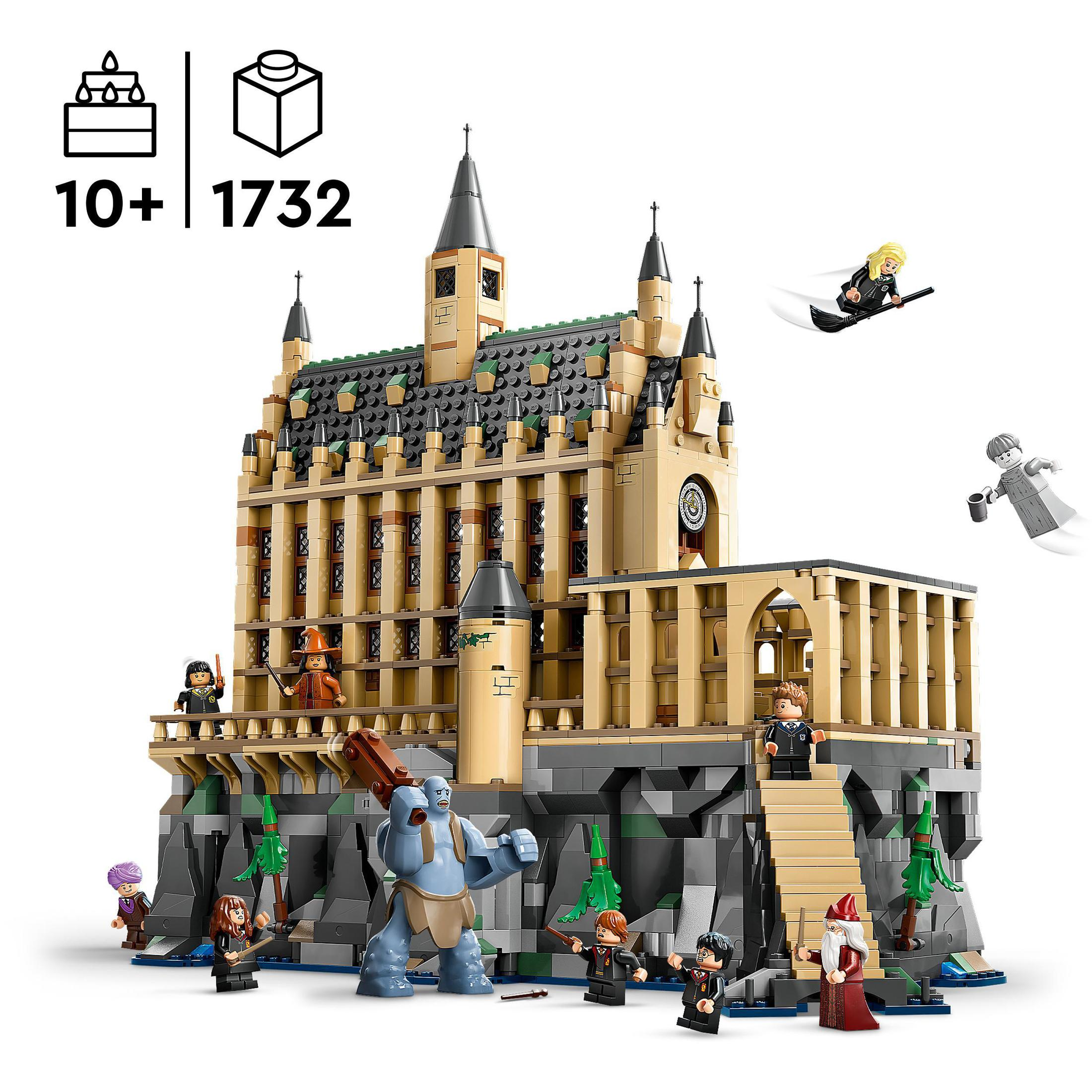 Zestaw Lego Harry Potter. Zamek Hogwart z figurkami. Zawiera czarodziejów, olbrzyma i latające postacie.