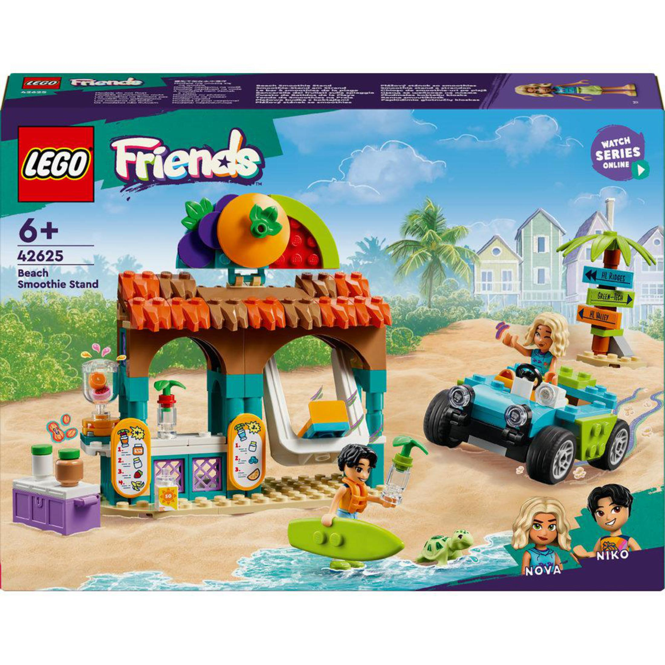 Zestaw Lego Friends z budką ze smoothie na plaży, minifigurkami i niebieskim samochodem. Scena na plaży.