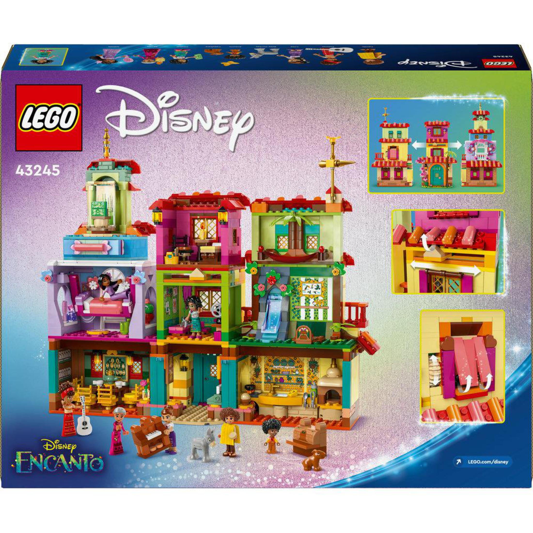 Lego Disney Encanto Set Box mit farbenfrohem Gebäude, Minifiguren und Details.