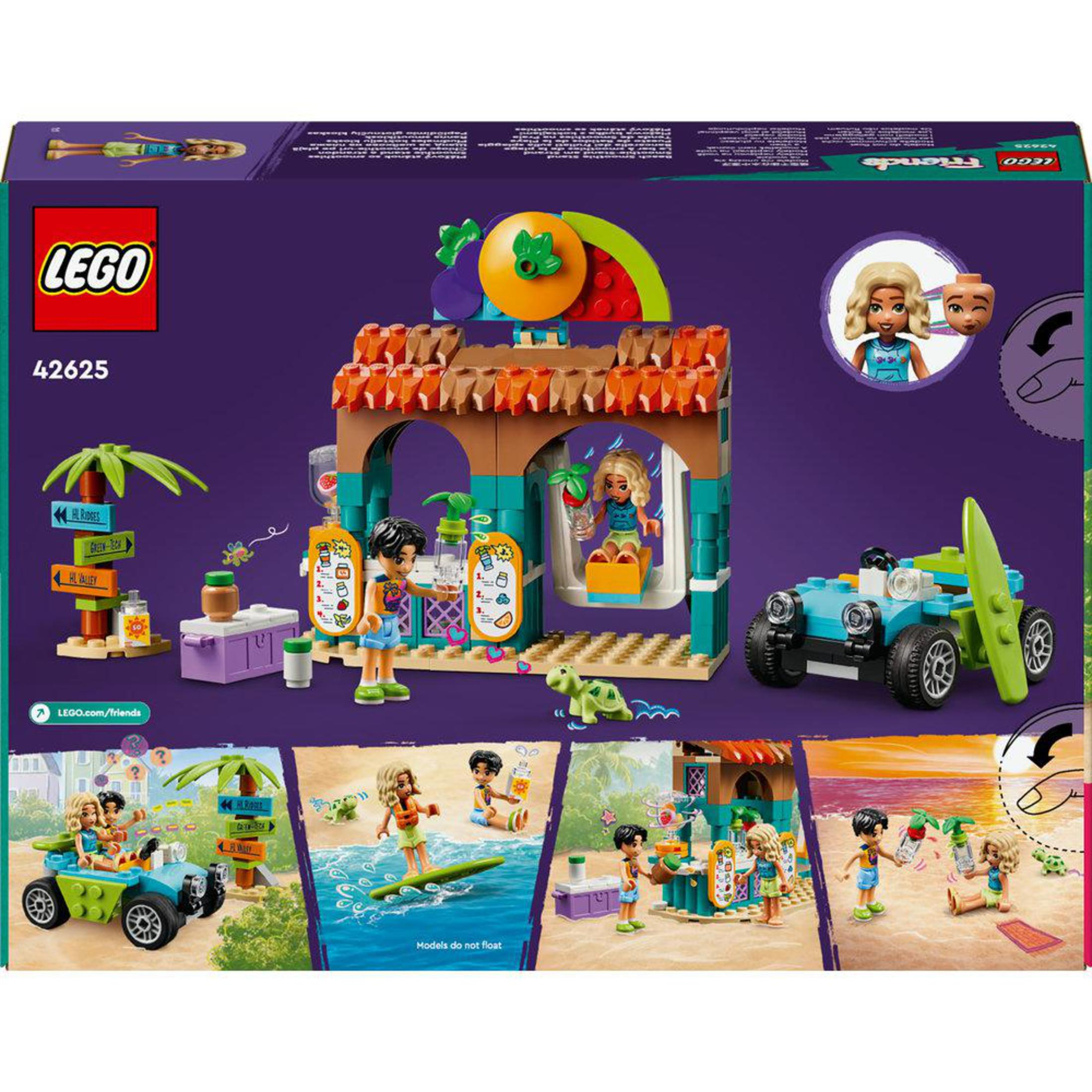 Zestaw Lego Friends ze sceną na plaży, w tym figurki i pojazdy.
