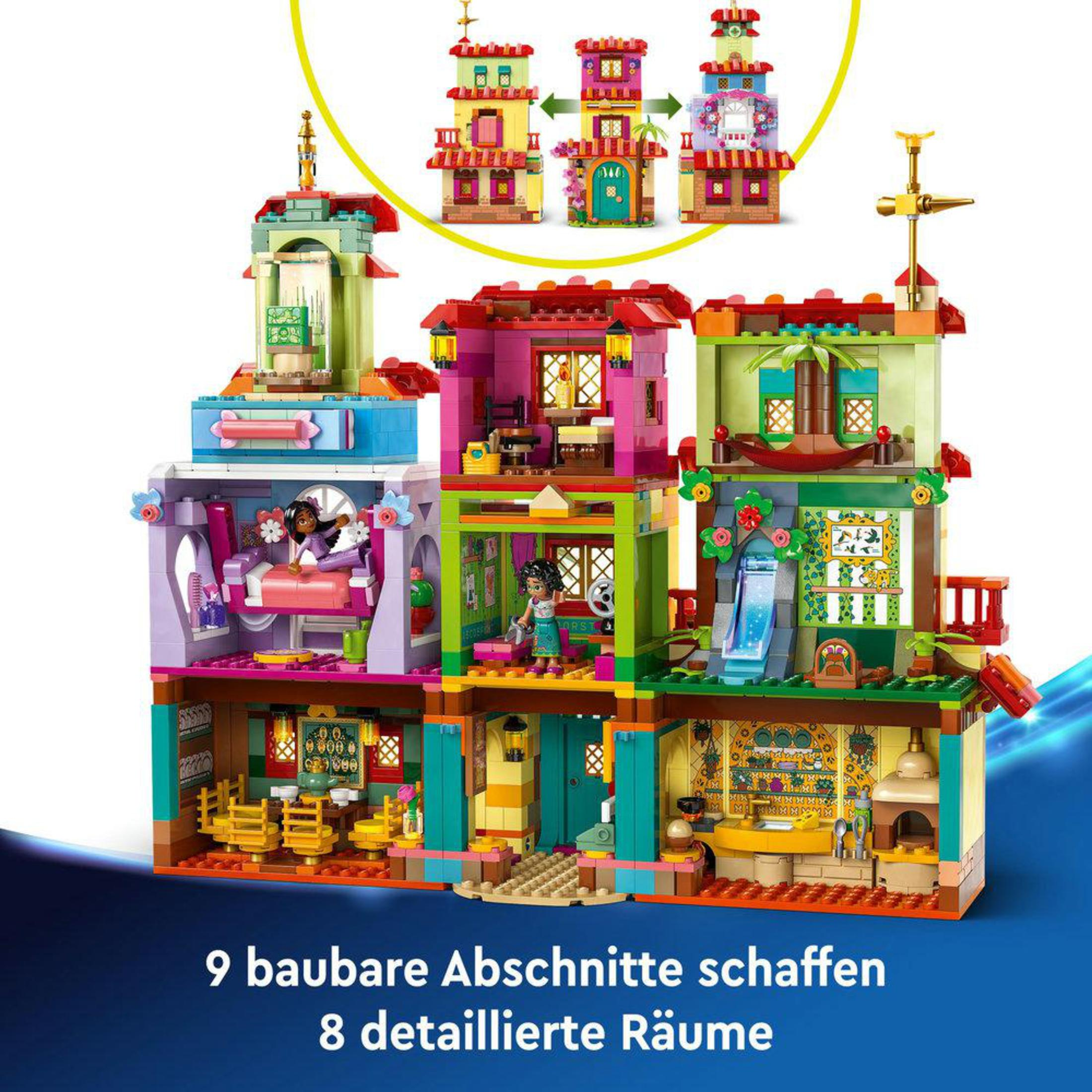 Farbenfrohes LEGO-Set. Neun Gebäudeteile schaffen acht detaillierte Räume. Enthält Figuren und Zubehör.