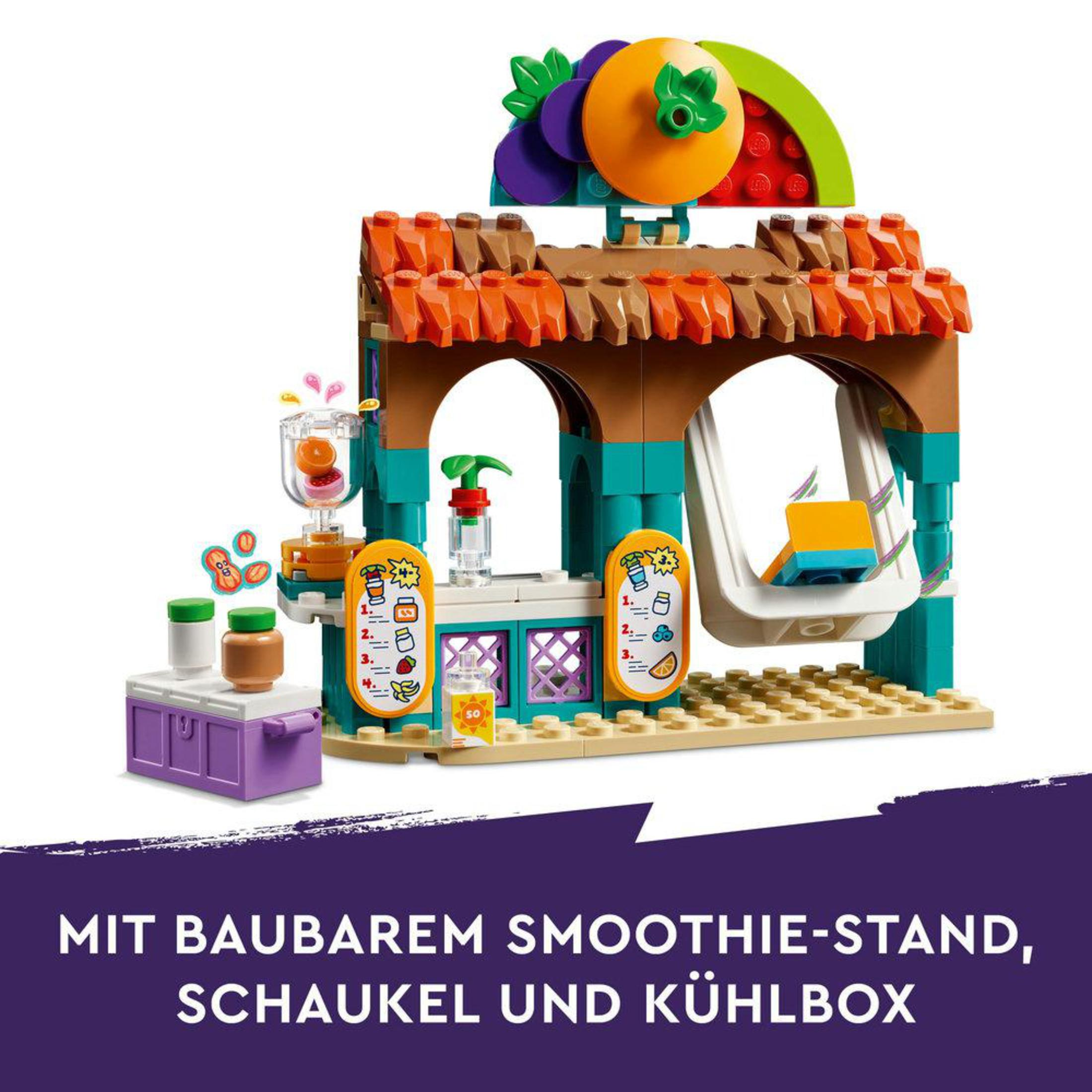 Zestaw LEGO Friends. Stoisko ze smoothie z huśtawką, lodówką i różnymi produktami spożywczymi.