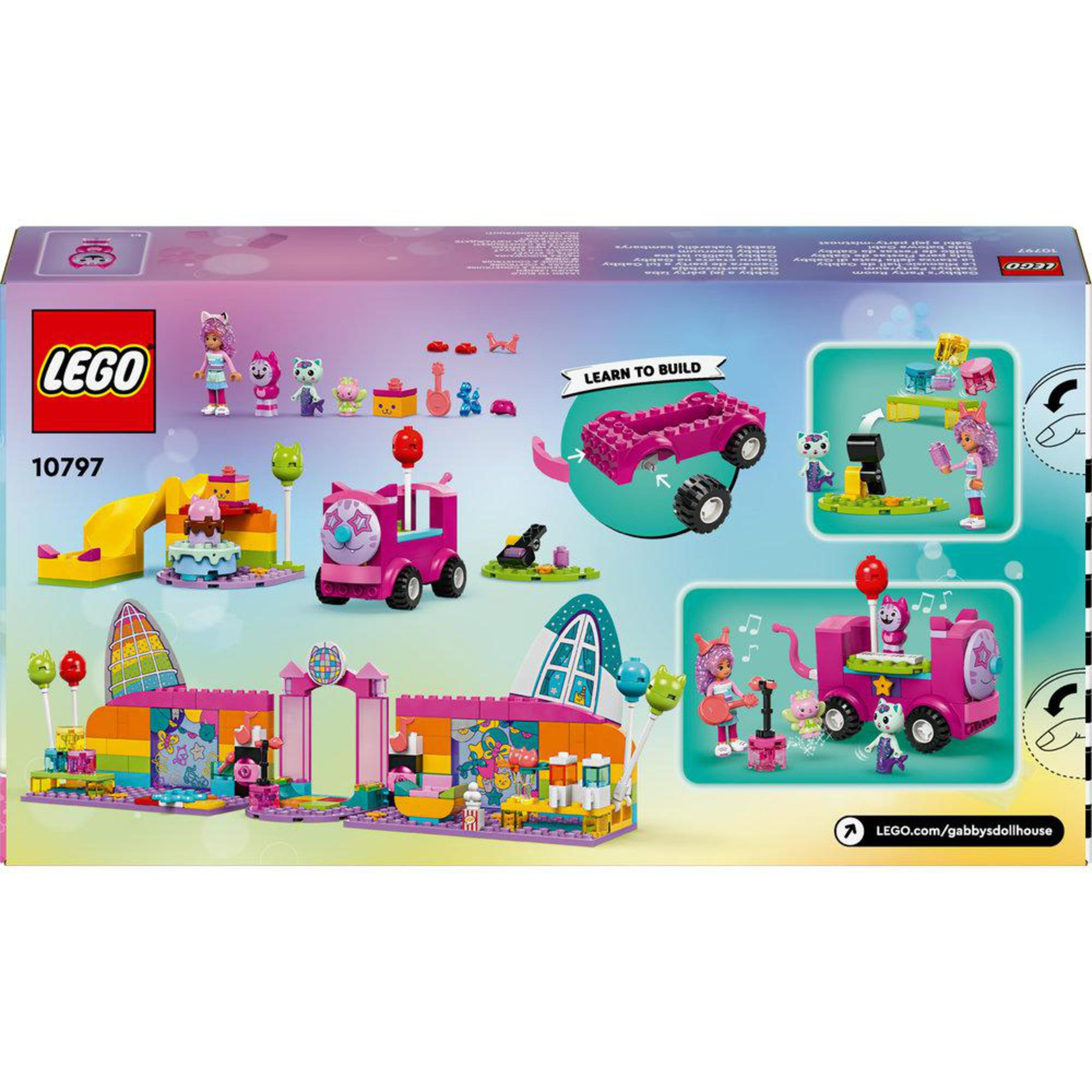 LEGO Gabby's Dollhouse seti, çeşitli renkli yapılar ve Gabby figürleri.