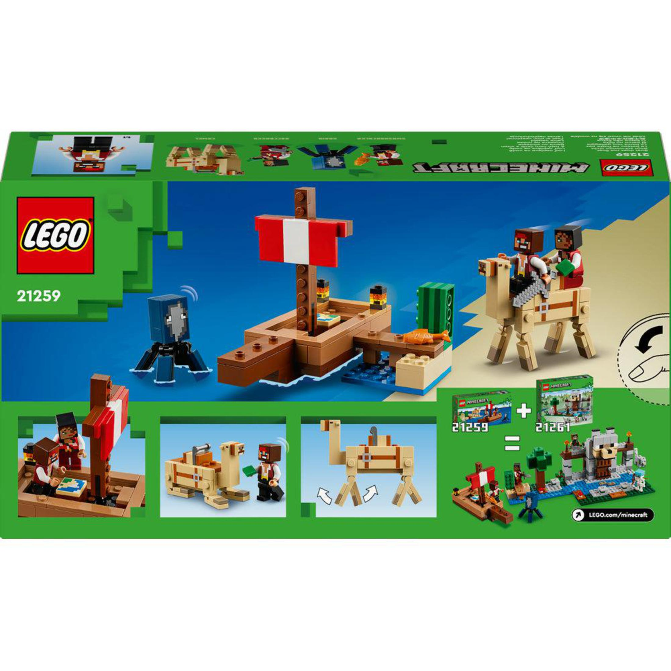 Lego Minecraft set doos. Toont verschillende Minecraft builds: boot, woestijn en een kameel.