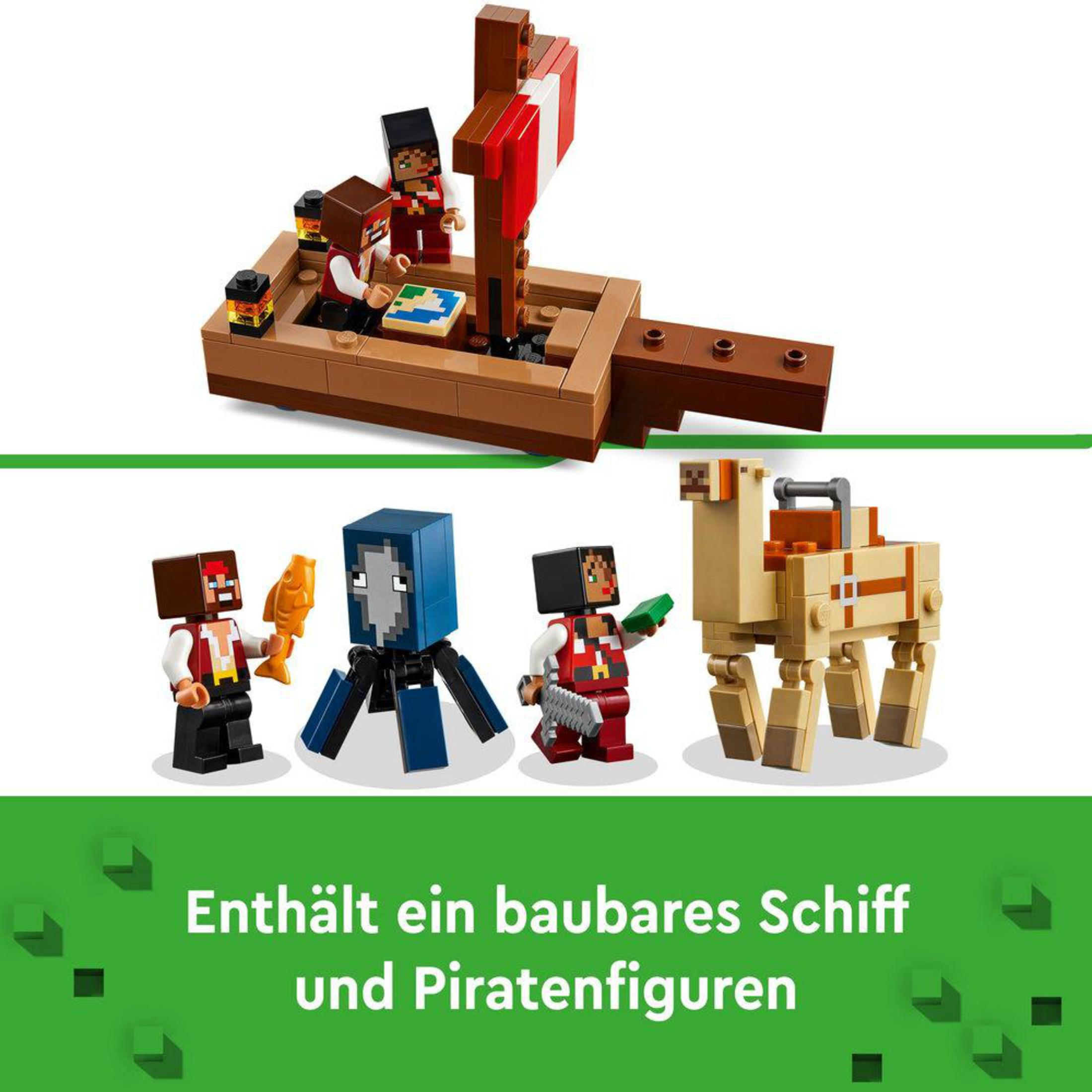 Lego Minecraft set met figuren van piraten, een boot, een kameel en andere elementen.