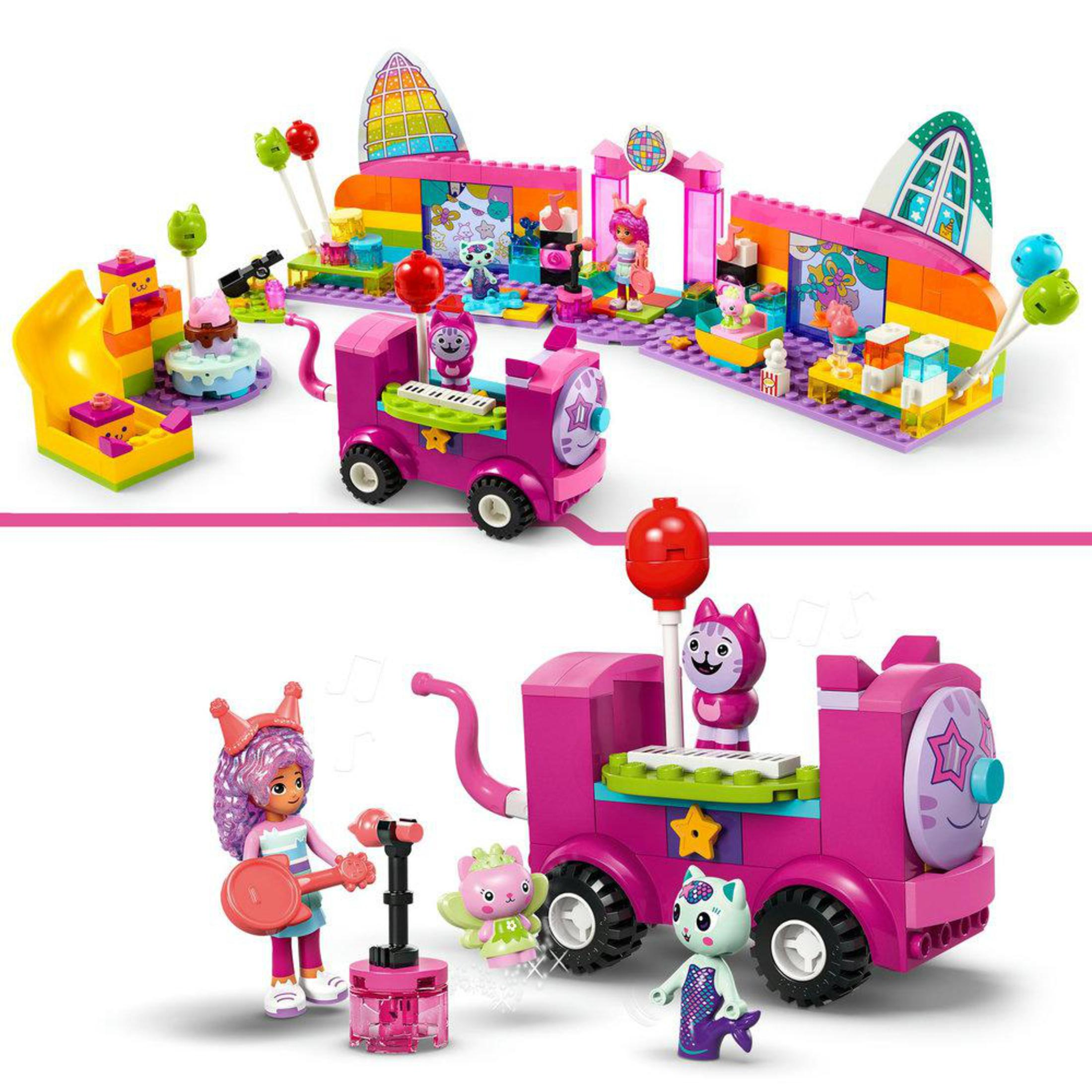 Pembe bir tren, figürler ve şarkı söyleyen bir kızla renkli bir sahne içeren iki Lego seti.