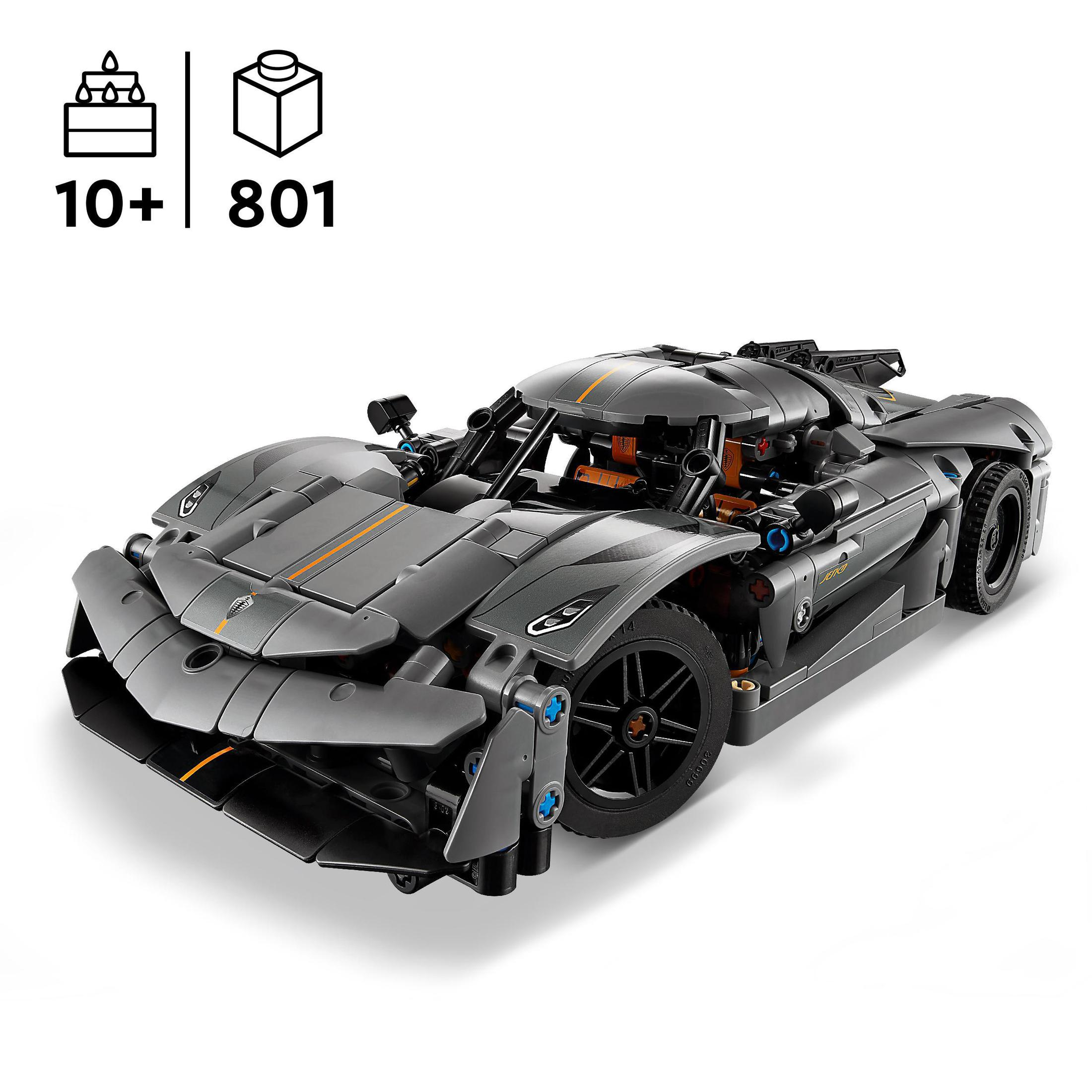 Zestaw Lego Technic szarego samochodu sportowego, z numerem 801 i 10+ lat.