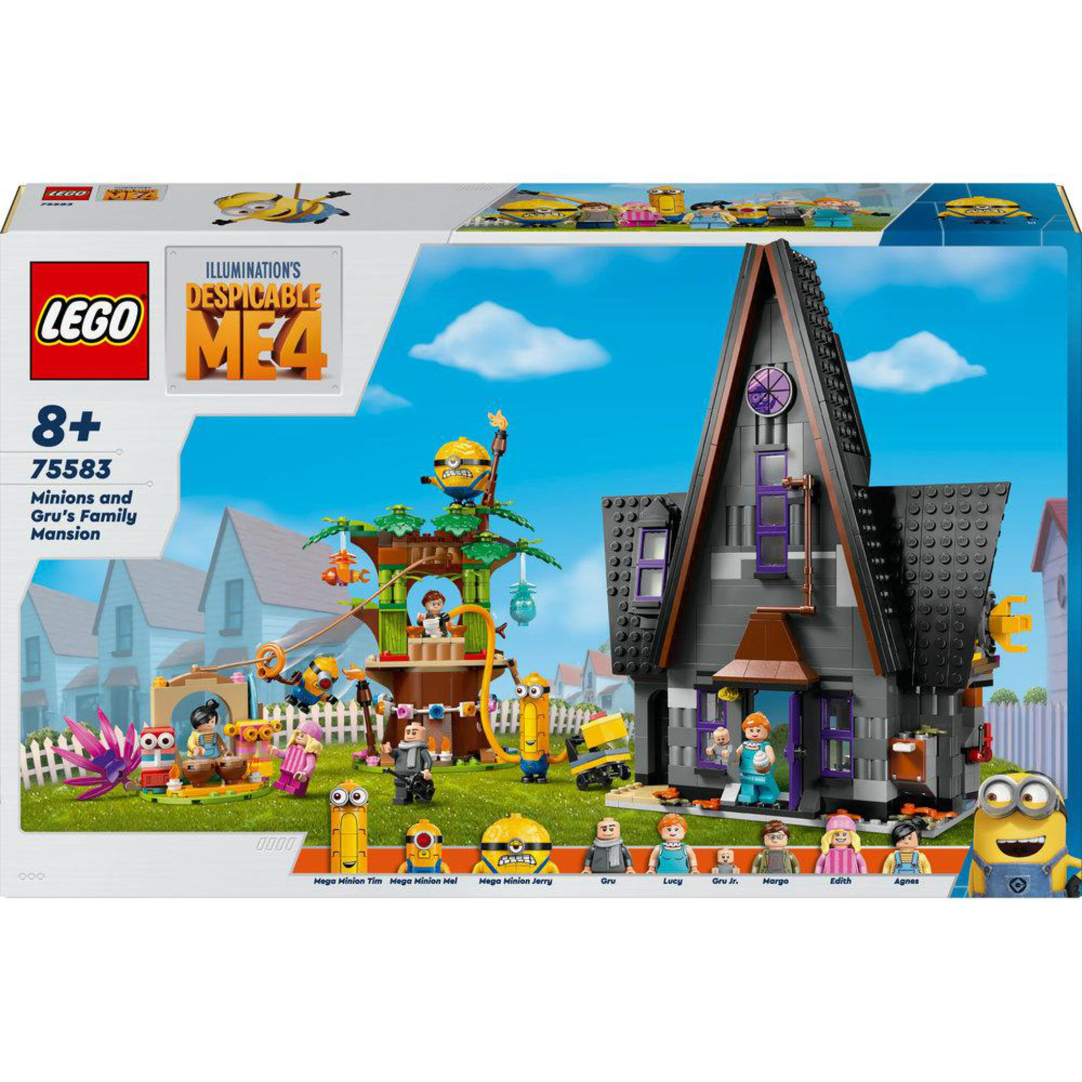 Un ensemble Lego Despicable Me 4 montre une maison, des minions et des figurines. La boîte est visible en haut à gauche.