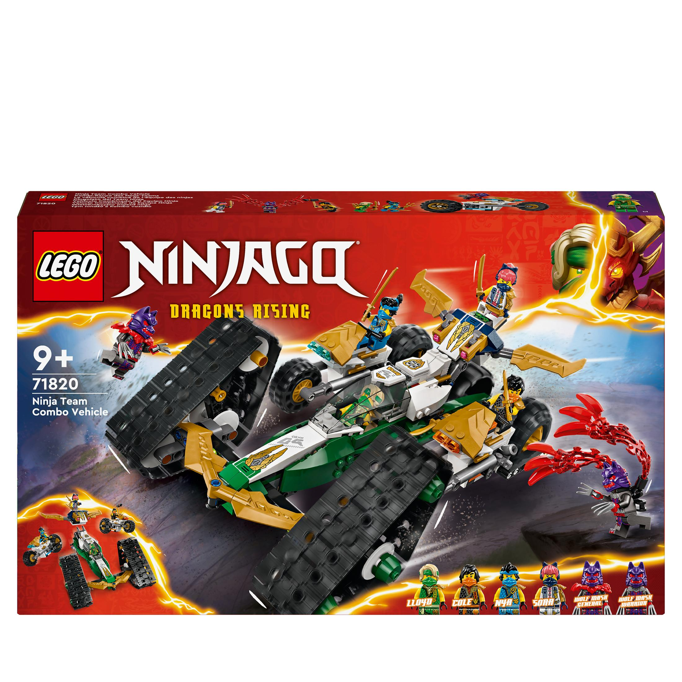 Zestaw LEGO Ninjago: zielono-złoty pojazd, minifigurki i pudełko.