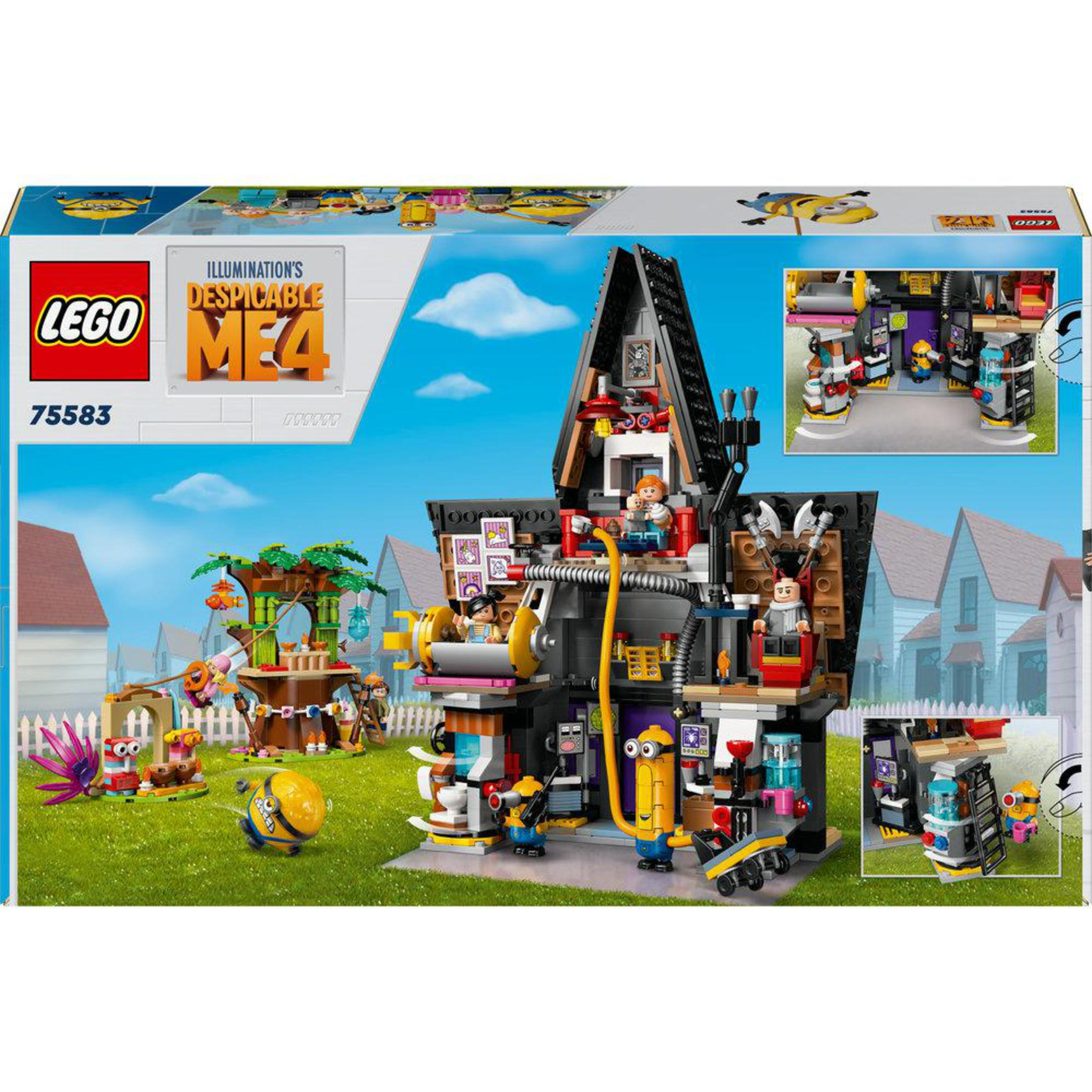Dos de la boîte du jeu Lego Moi, moche et méchant 4, montrant une scène de maison à plusieurs niveaux.