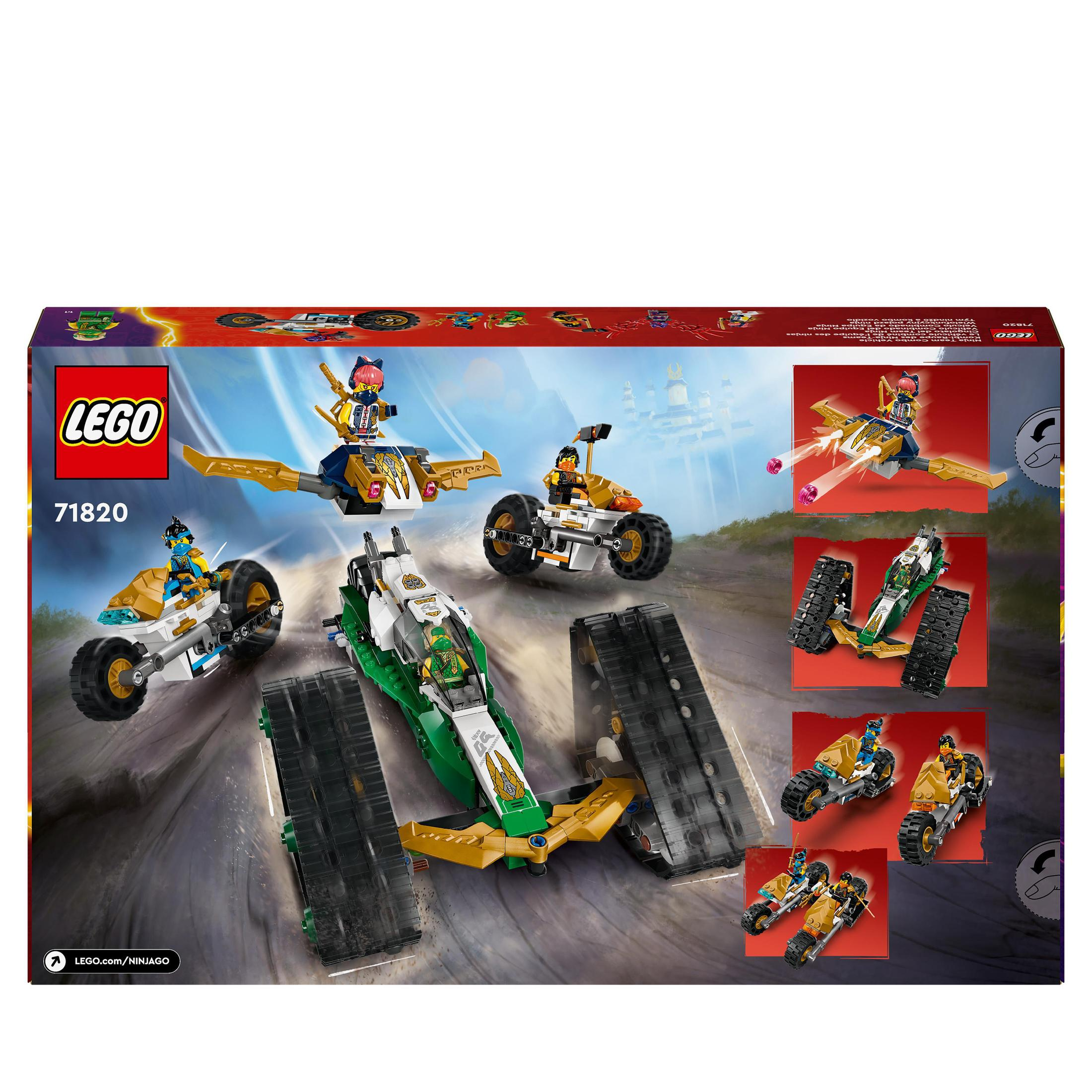Pudełko zestawu LEGO Ninjago z różnymi pojazdami ninja, w tym motocyklami.