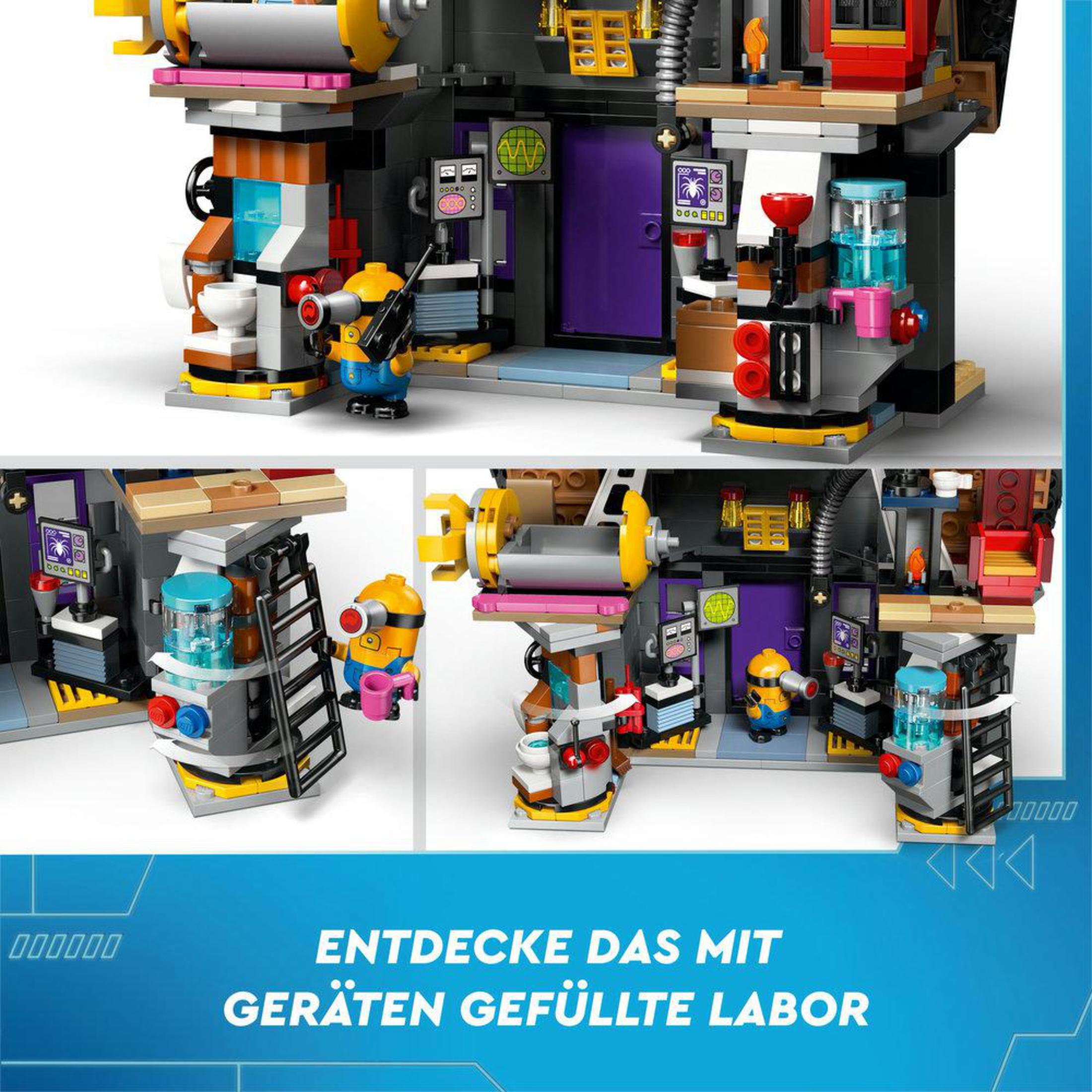 Un ensemble Lego représentant un laboratoire avec des Minions. Inclut une échelle et des machines.