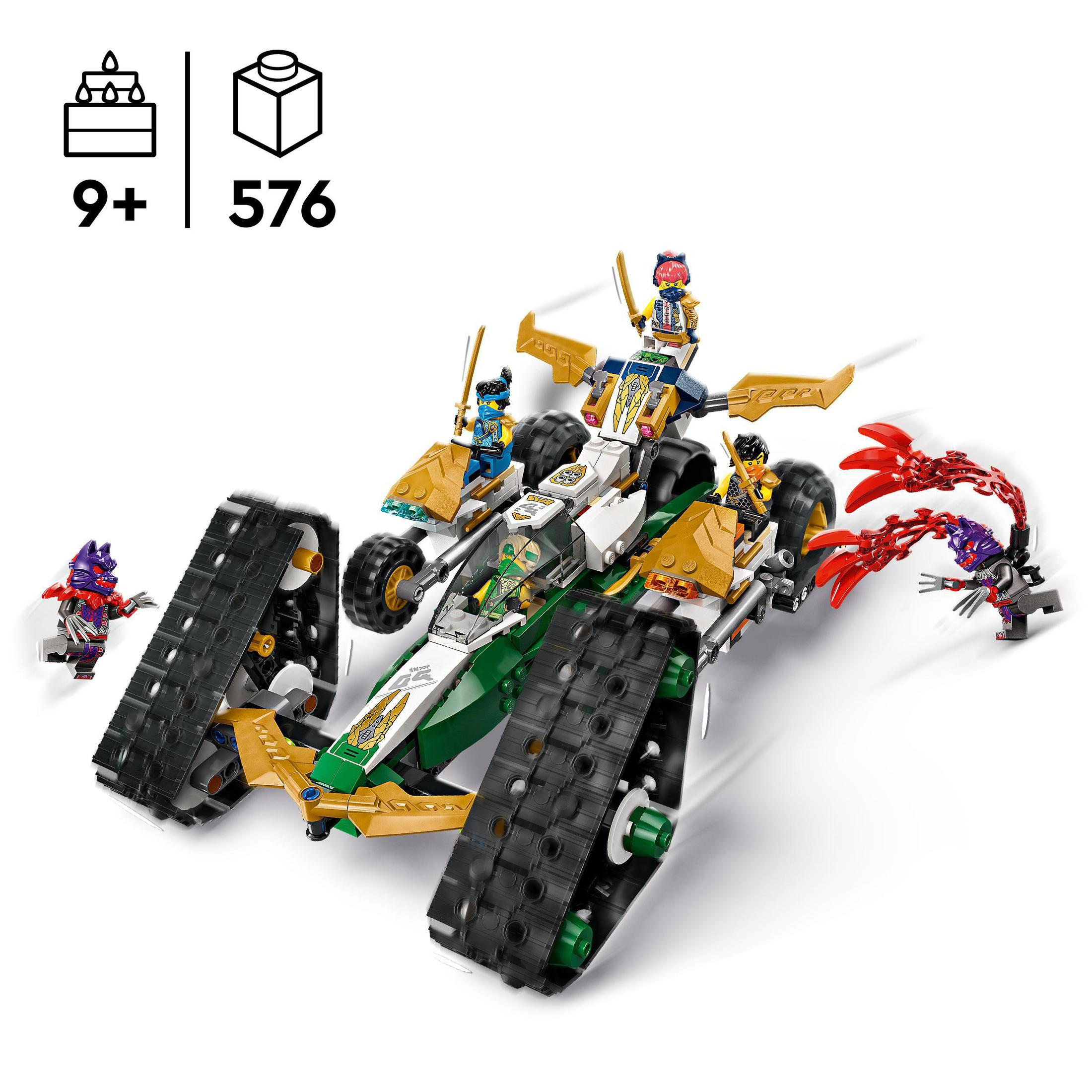 Zestaw Lego Ninjago z zielono-złotym pojazdem, figurkami ninja i czerwonymi figurkami smoków. Białe tło.