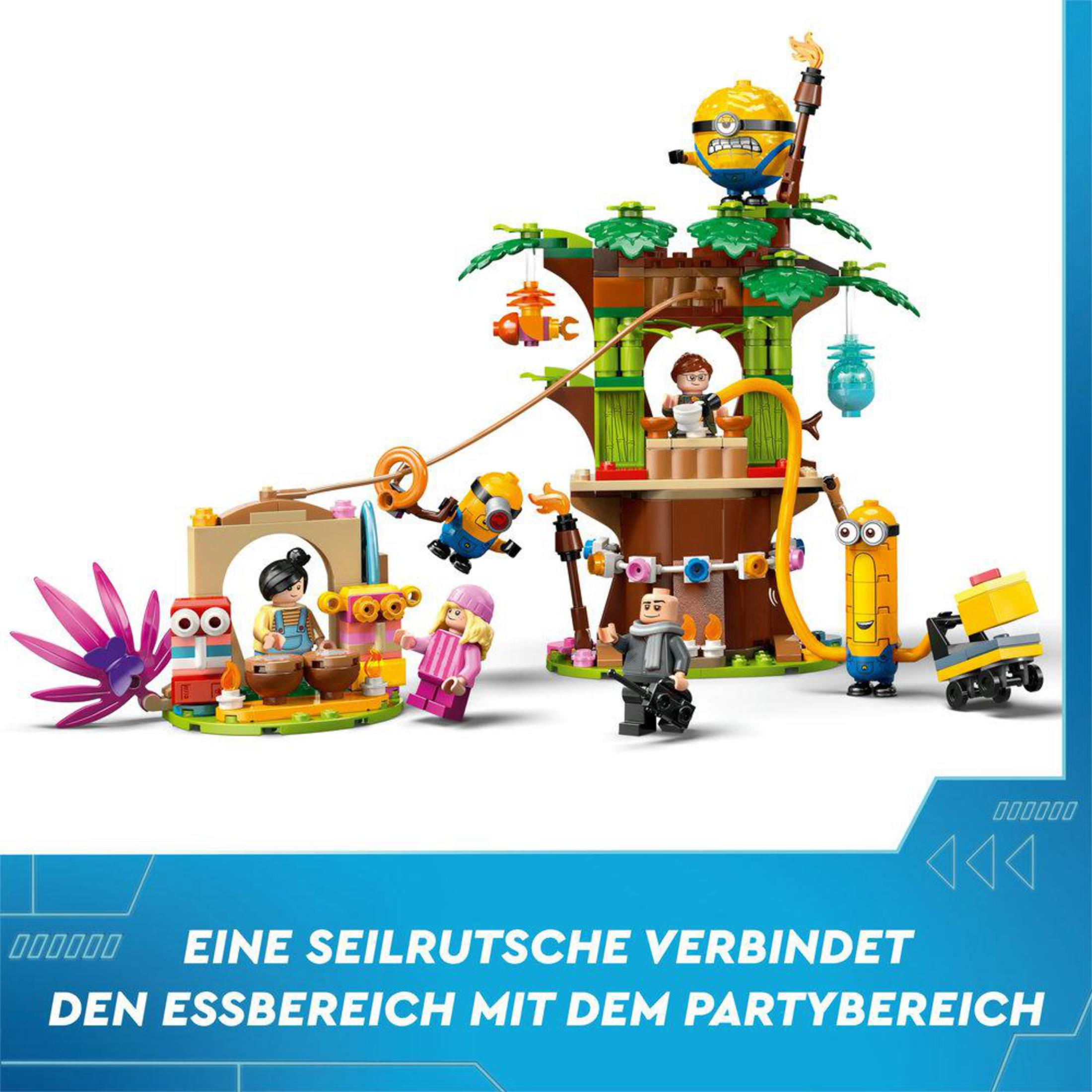 Un set Lego avec des personnages Minions dans une scène de cabane dans les arbres. Une tyrolienne.