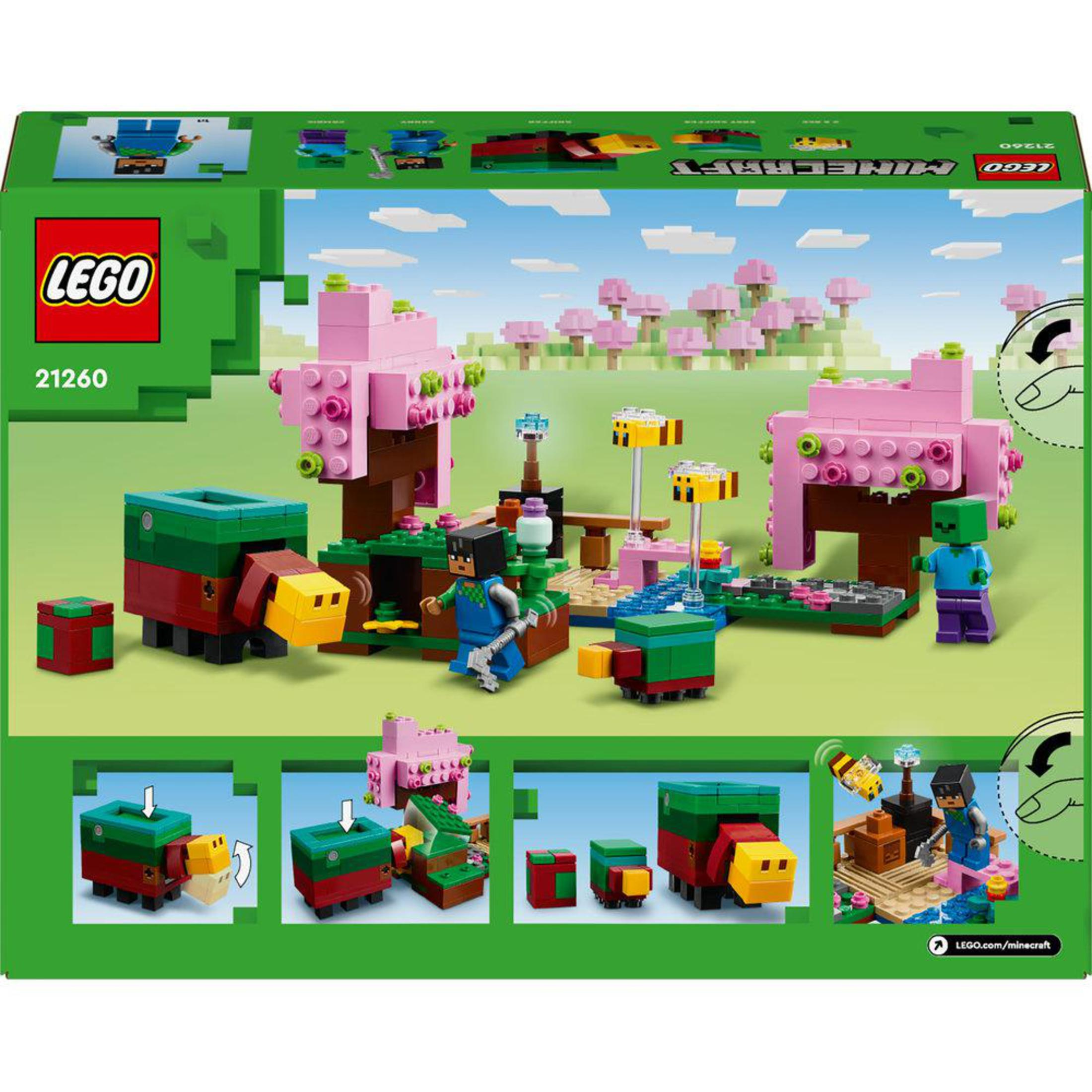 Lego Minecraft set met roze bomen en personages.