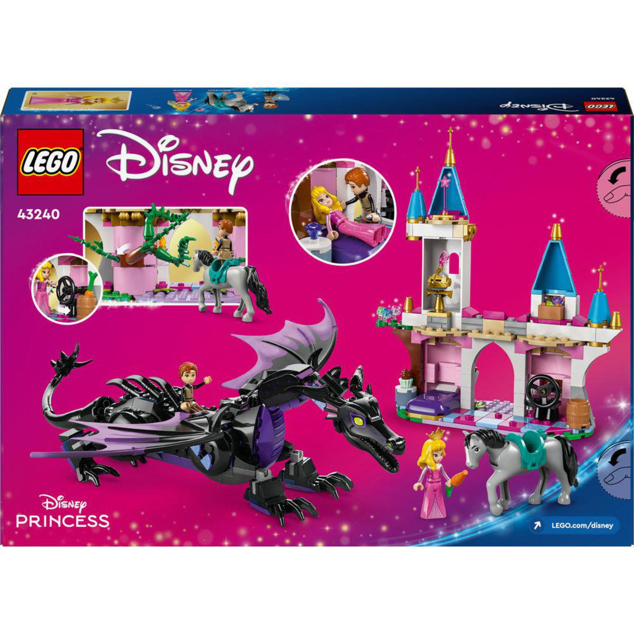 Set LEGO Disney Princess con castillo y dragón. Contiene figuras de personajes.